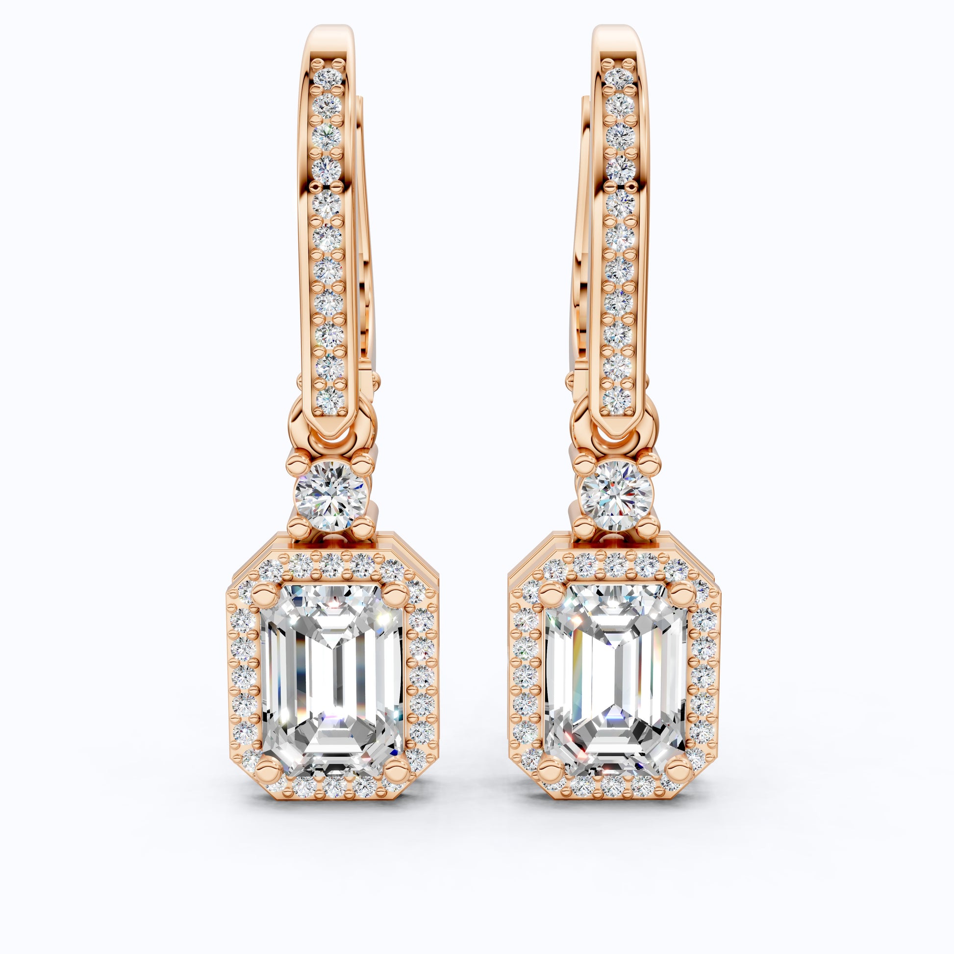 14k Solid Gold Vintage Style Emerald-Cut Halo-Set Lab Grown Diamond Wedding Earrings, Bridal Jewelry, Perfect Gift for Her, Latch Back Closure