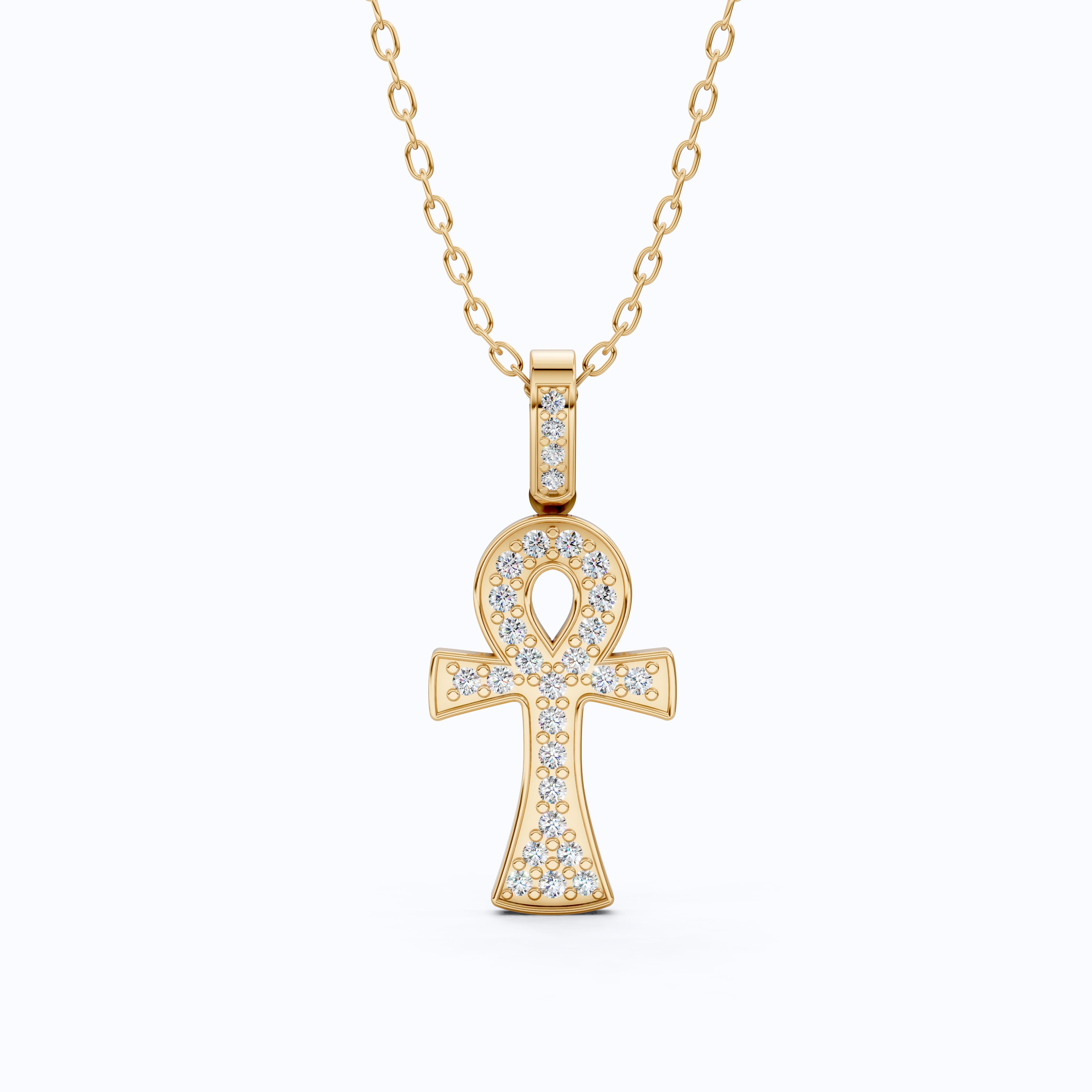 Dainty Pavé Ankh Cross with Diamond Bail Wedding Pendant in Lab Diamond – 14k Yellow Gold, Anniversary Gift for Women, Unique Pendant