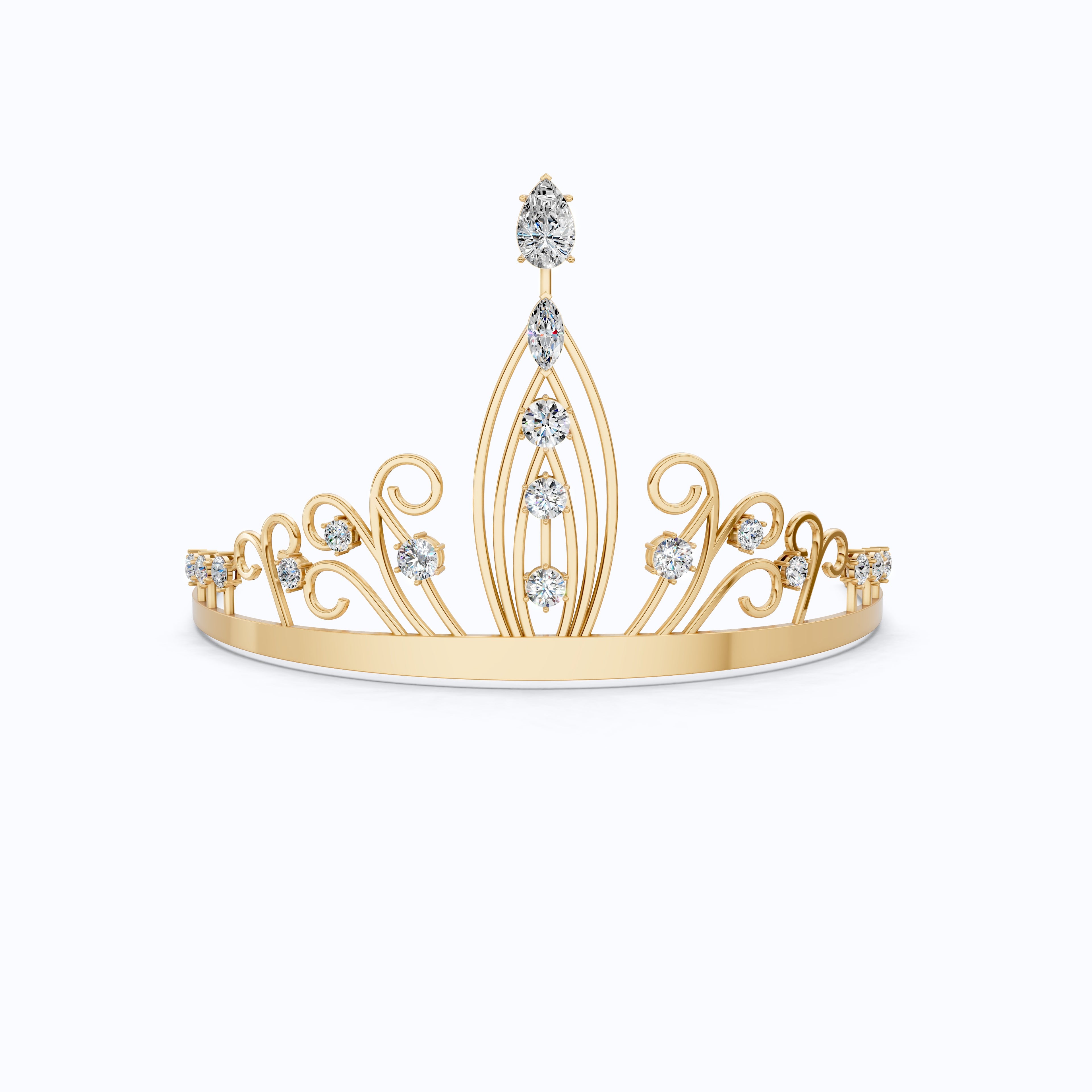 Gold tiara with diamond accents on a white background