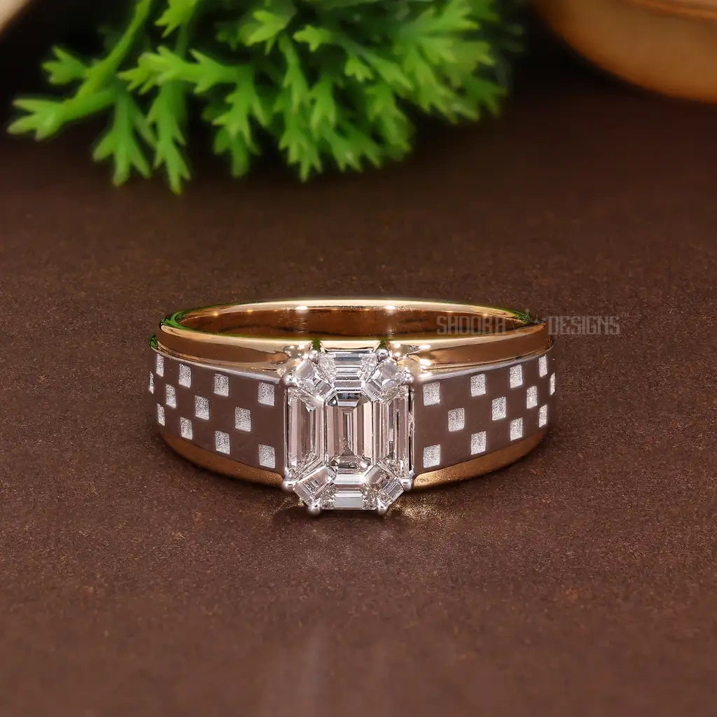 Illusion Emerald Cut Checkered Band Wedding Solitaire Ring in Natural Diamond – 14k Solid Gold, Handmade Everyday Ring For Him