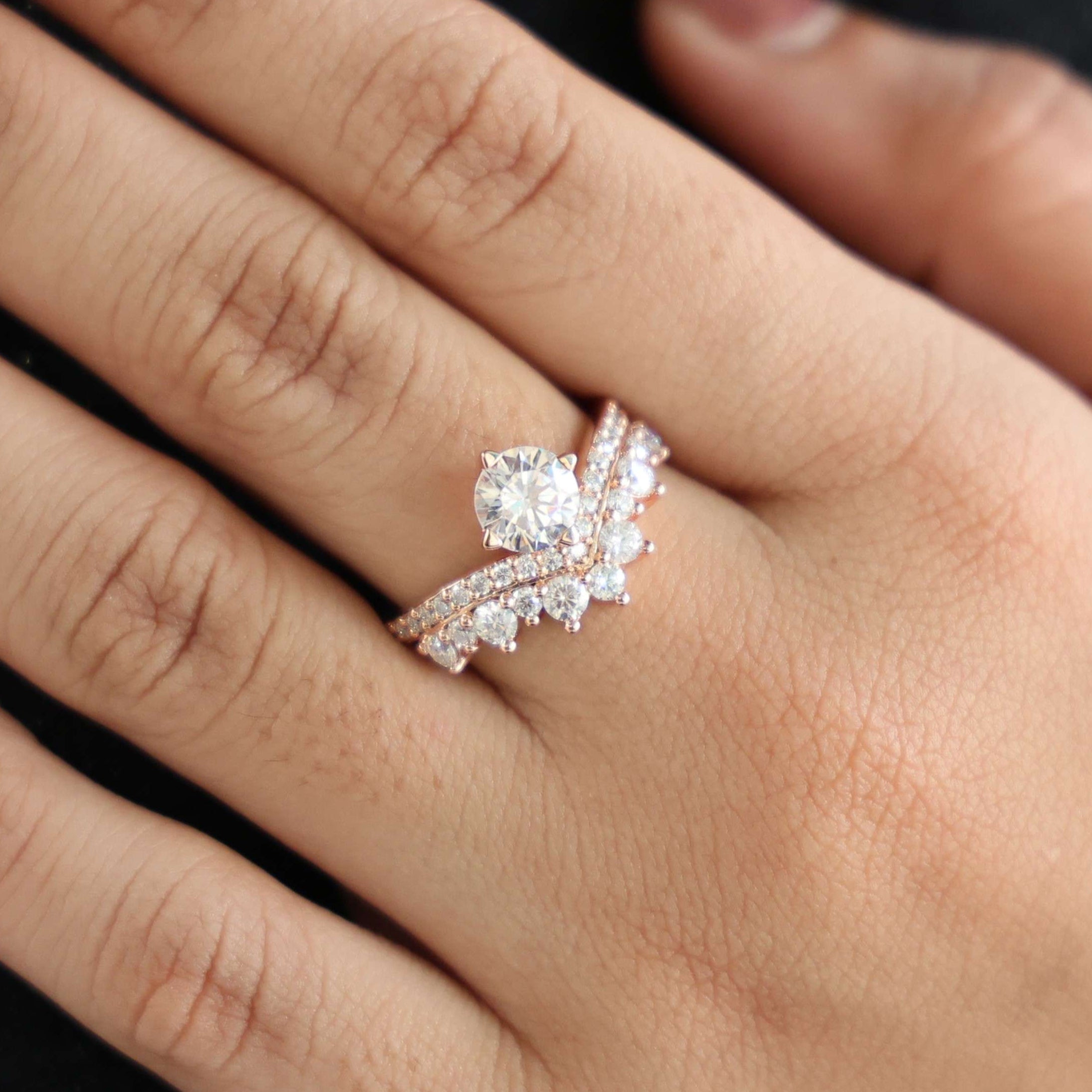 Vintage Crown Chevron Cluster Engagement Ring in 14k Solid Gold or Sterling Silver, 2.35 TCW Round Cut Lab Created Diamonds, Anniversary Gift for Wife