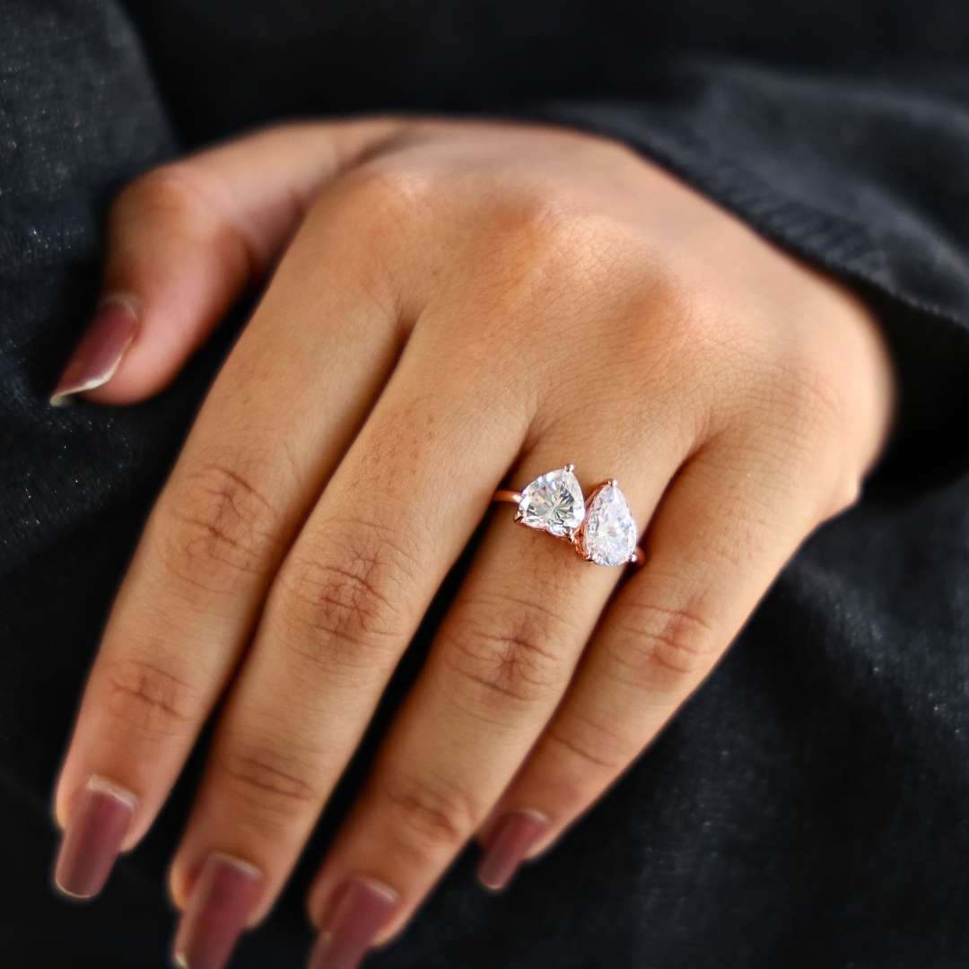 Unique Toi et Moi Two Stone Engagement Ring in 14k Rose Gold, 4.25 TCW Heart/Pear Cut Lab Grown Diamonds, Anniversary Gift For Wife, Love Token Ring