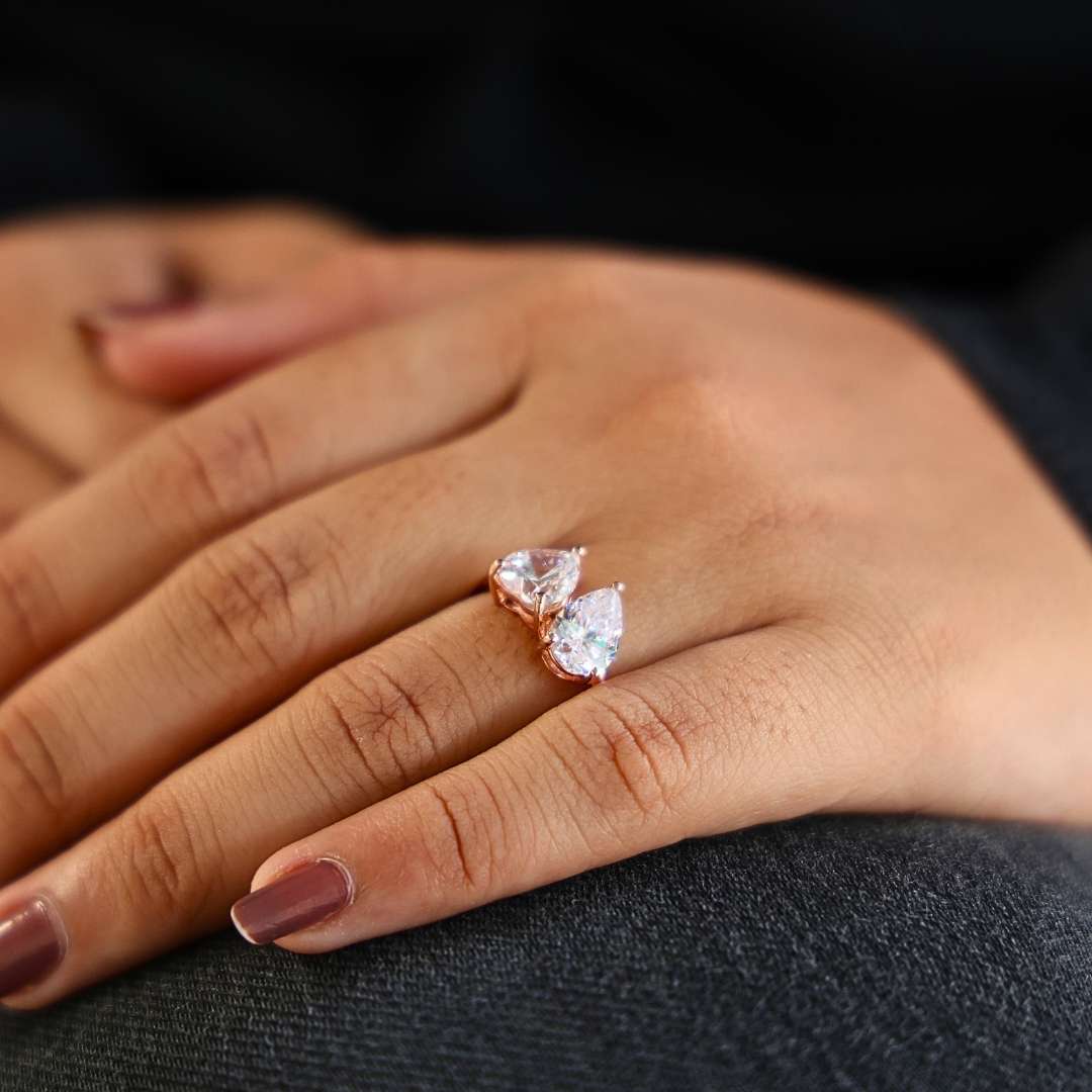 Unique Toi et Moi Two Stone Engagement Ring in 14k Rose Gold, 4.25 TCW Heart/Pear Cut Lab Grown Diamonds, Anniversary Gift For Wife, Love Token Ring