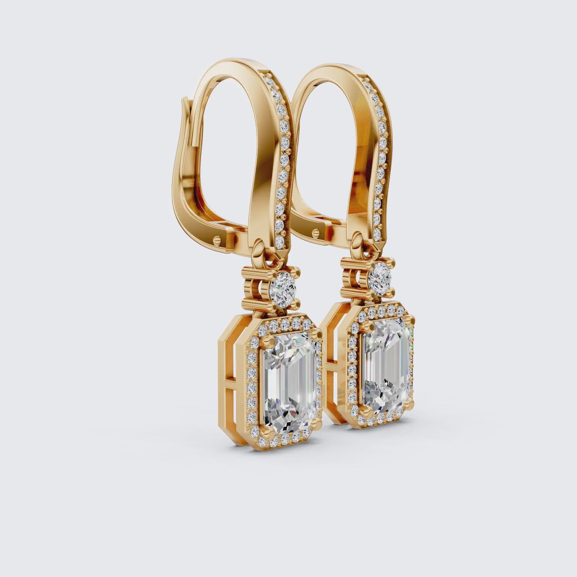 14k Solid Gold Vintage Style Emerald-Cut Halo-Set Lab Grown Diamond Wedding Earrings, Bridal Jewelry, Perfect Gift for Her, Latch Back Closure