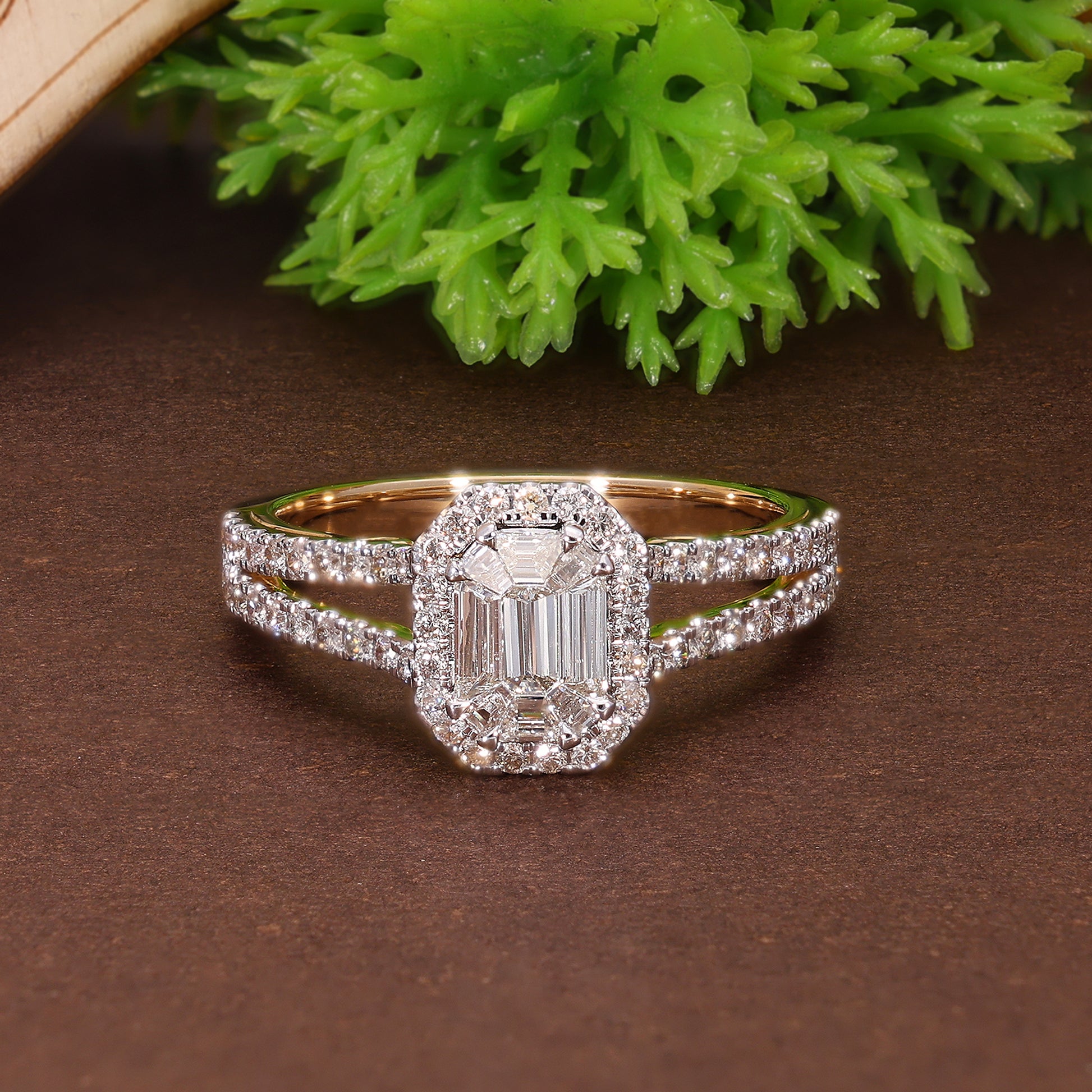 Emerald Cut Pie-Cut Halo Pave Split Shank Wedding Ring, Anniversary Gift