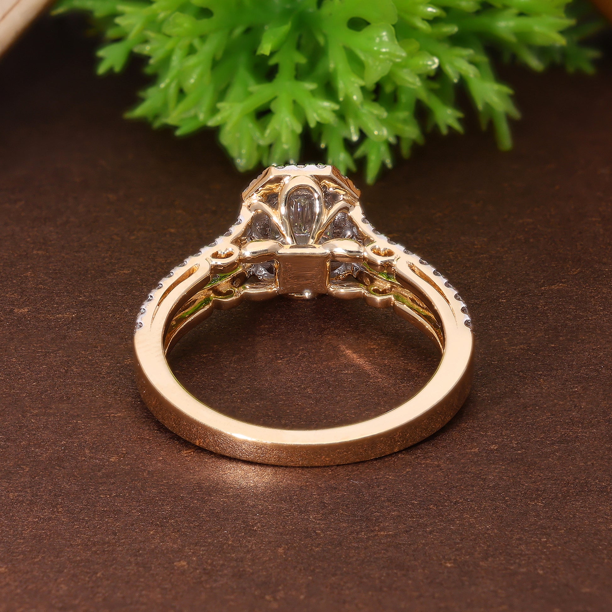 Emerald Cut Pie-Cut Halo Pave Split Shank Wedding Ring, Anniversary Gift