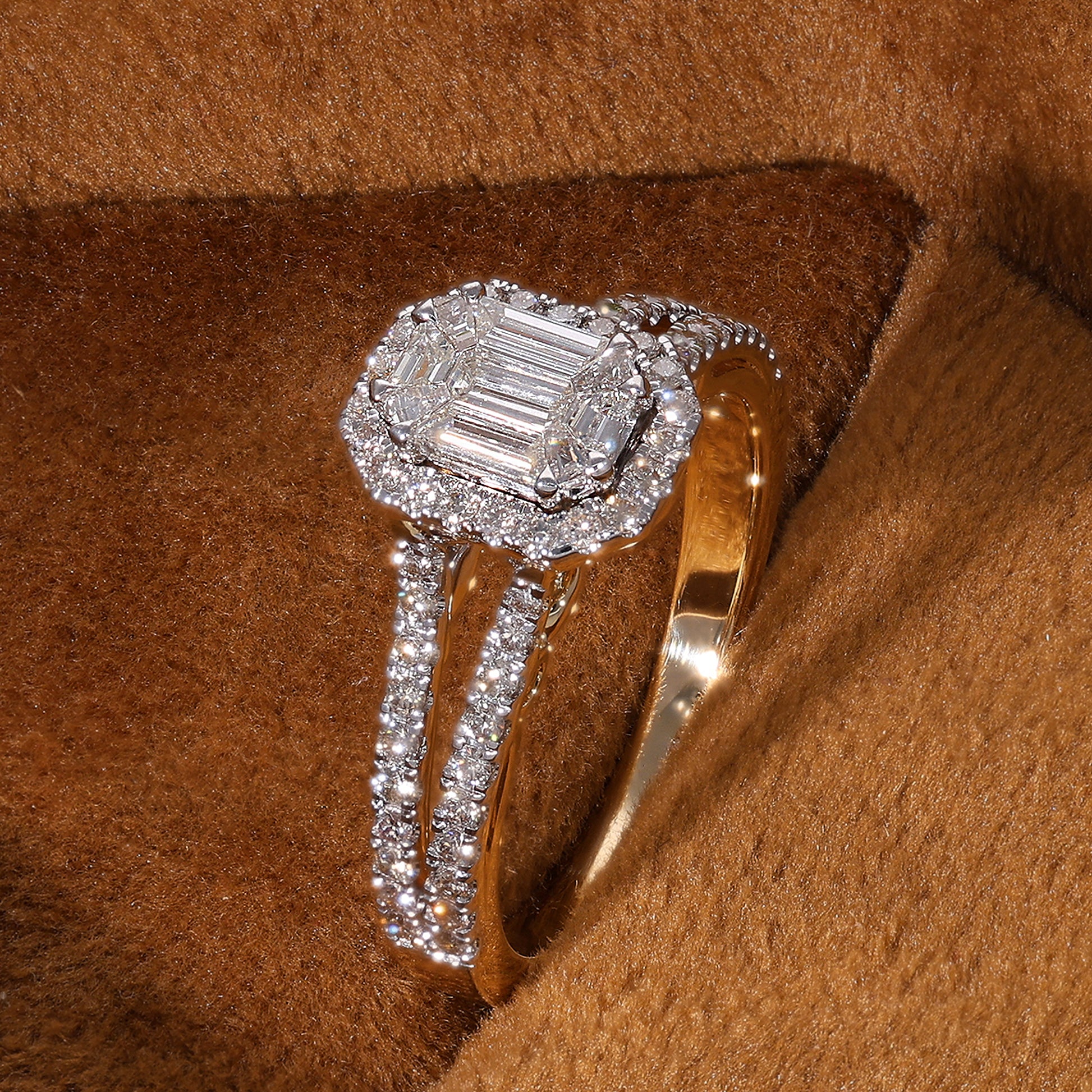 Emerald Cut Pie-Cut Halo Pave Split Shank Wedding Ring, Anniversary Gift
