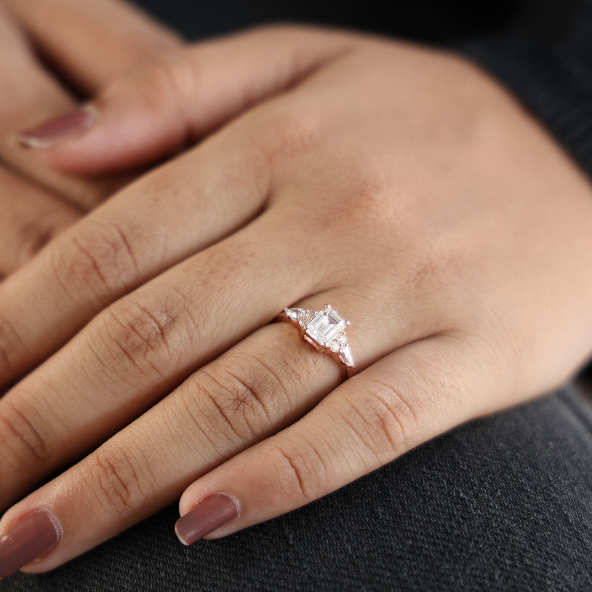 1.00 CT Emerald Cut Cluster Trio Engagement Ring in Lab Diamond – 14k Solid Gold, Anniversary Gift for Wife, Everyday Wedding Ring - Shoora Designs