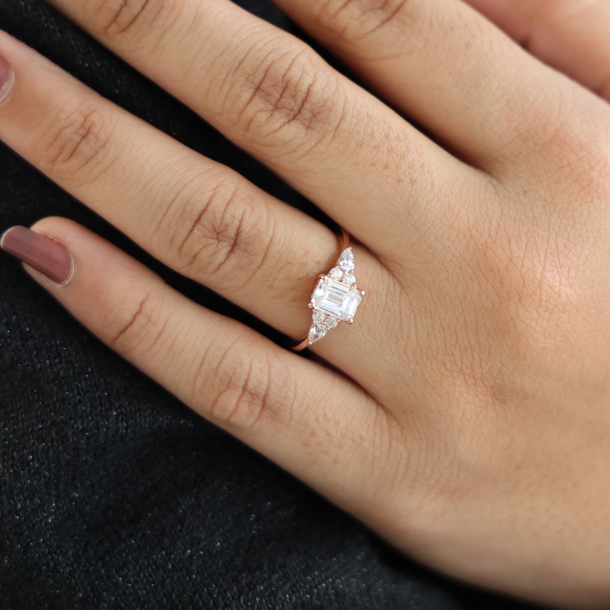 1.00 CT Emerald Cut Cluster Trio Engagement Ring in Lab Diamond – 14k Solid Gold, Anniversary Gift for Wife, Everyday Wedding Ring - Shoora Designs