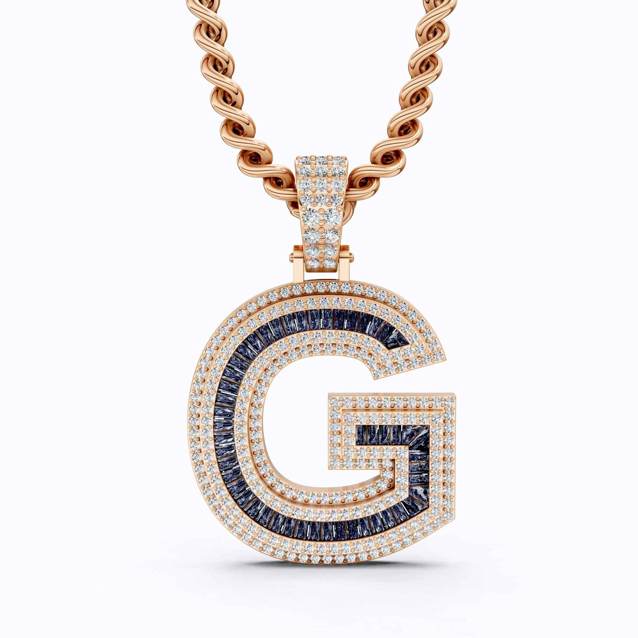 14K Rose Gold Alphabet Initial G Baguette Sapphire Pavé Hip-Hop Pendant in Lab Diamond or Sapphire Gemstone, Birthday Gift for Him, Handmade Jewelry