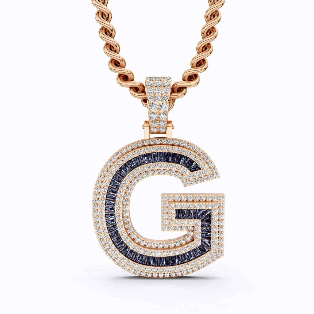 14K Rose Gold Alphabet Initial G Baguette Sapphire Pavé Hip-Hop Pendant in Lab Diamond or Sapphire Gemstone, Birthday Gift for Him, Handmade Jewelry