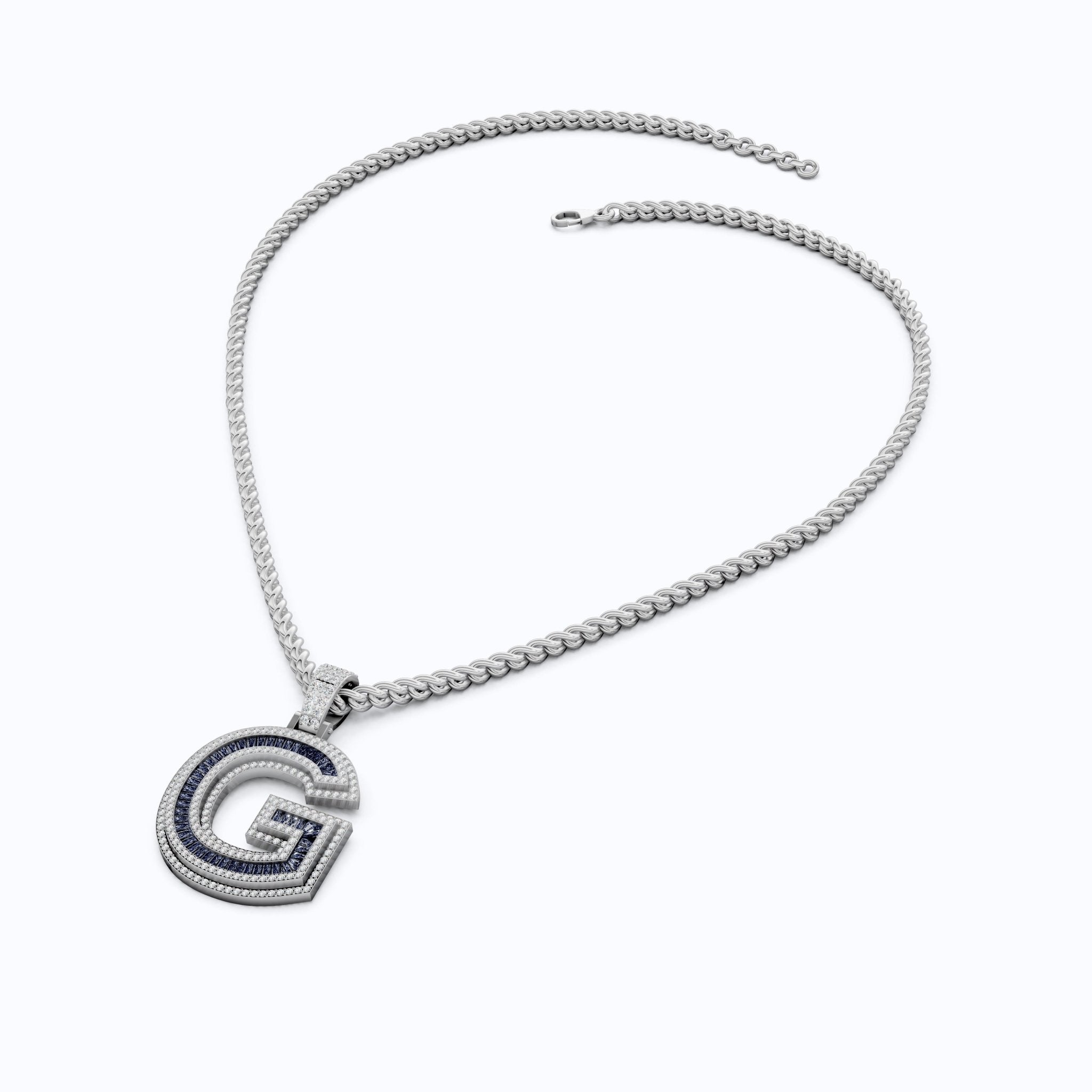 14K Rose Gold Alphabet Initial G Baguette Sapphire Pavé Hip - Hop Pendant in Lab Diamond or Sapphire Gemstone, Birthday Gift for Him, Handmade Jewelry - Shoora Designs