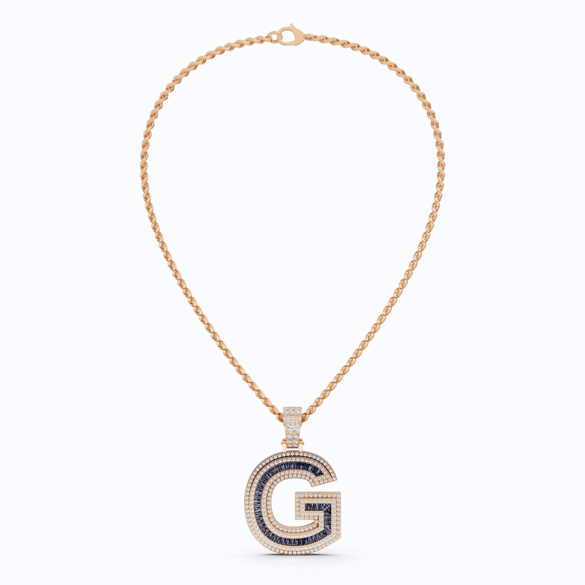 14K Rose Gold Alphabet Initial G Baguette Sapphire Pavé Hip - Hop Pendant in Lab Diamond or Sapphire Gemstone, Birthday Gift for Him, Handmade Jewelry - Shoora Designs