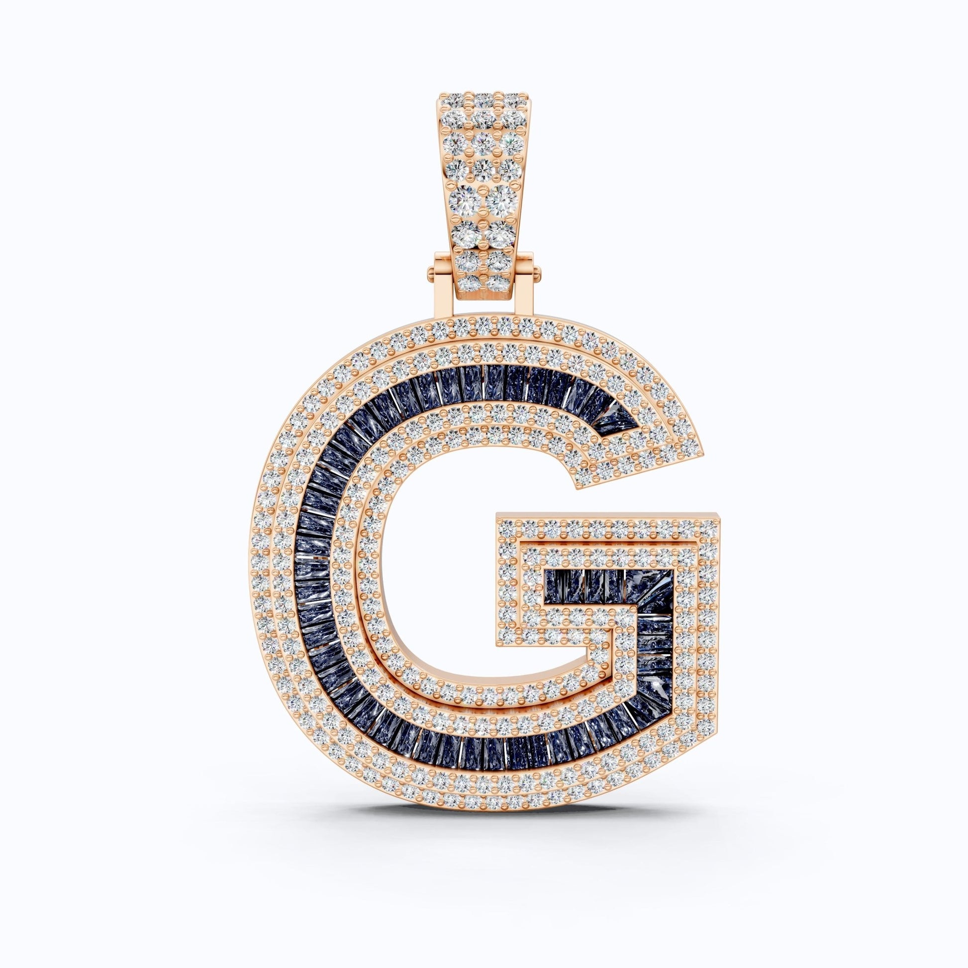 14K Rose Gold Alphabet Initial G Baguette Sapphire Pavé Hip - Hop Pendant in Lab Diamond or Sapphire Gemstone, Birthday Gift for Him, Handmade Jewelry - Shoora Designs