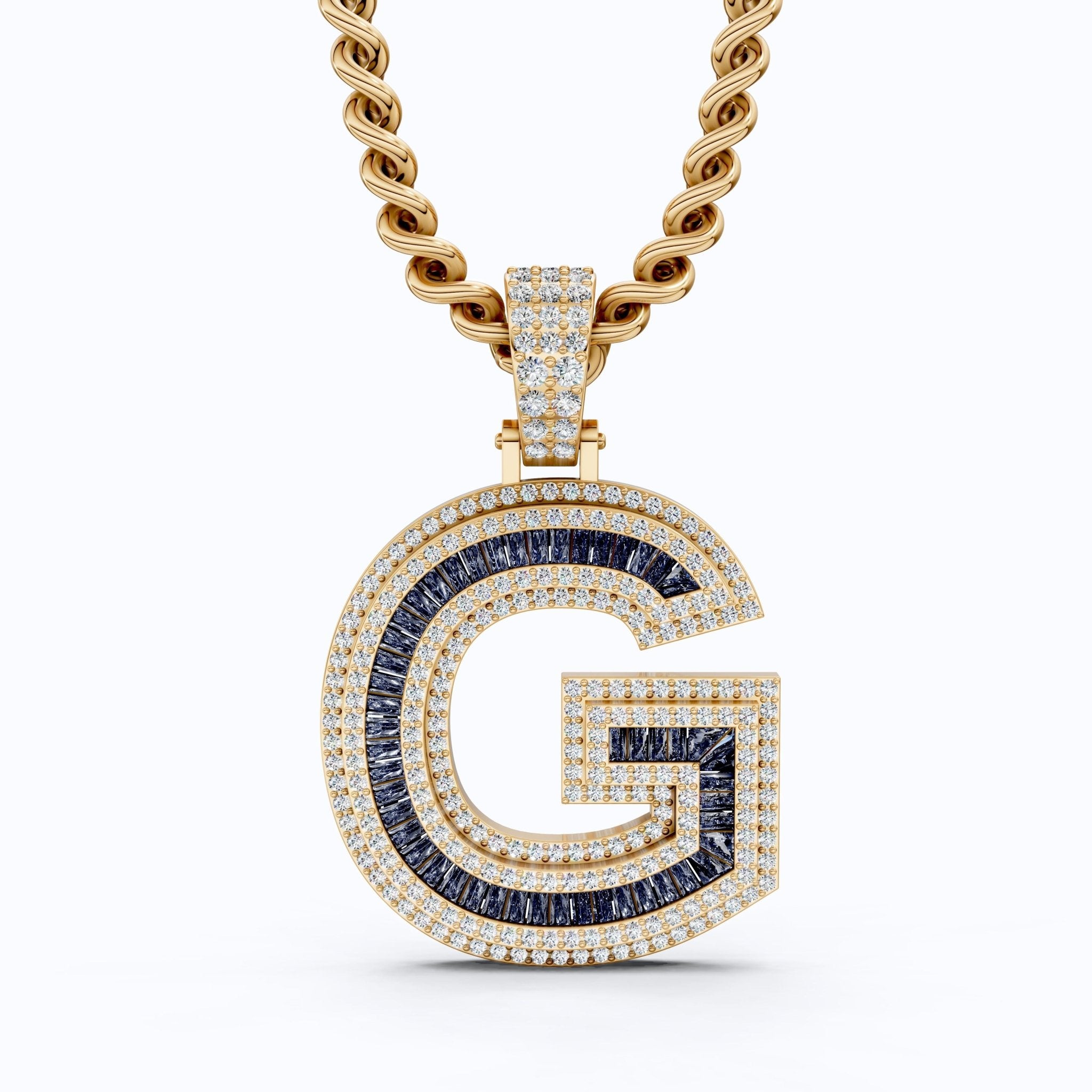 14K Rose Gold Alphabet Initial G Baguette Sapphire Pavé Hip - Hop Pendant in Lab Diamond or Sapphire Gemstone, Birthday Gift for Him, Handmade Jewelry - Shoora Designs