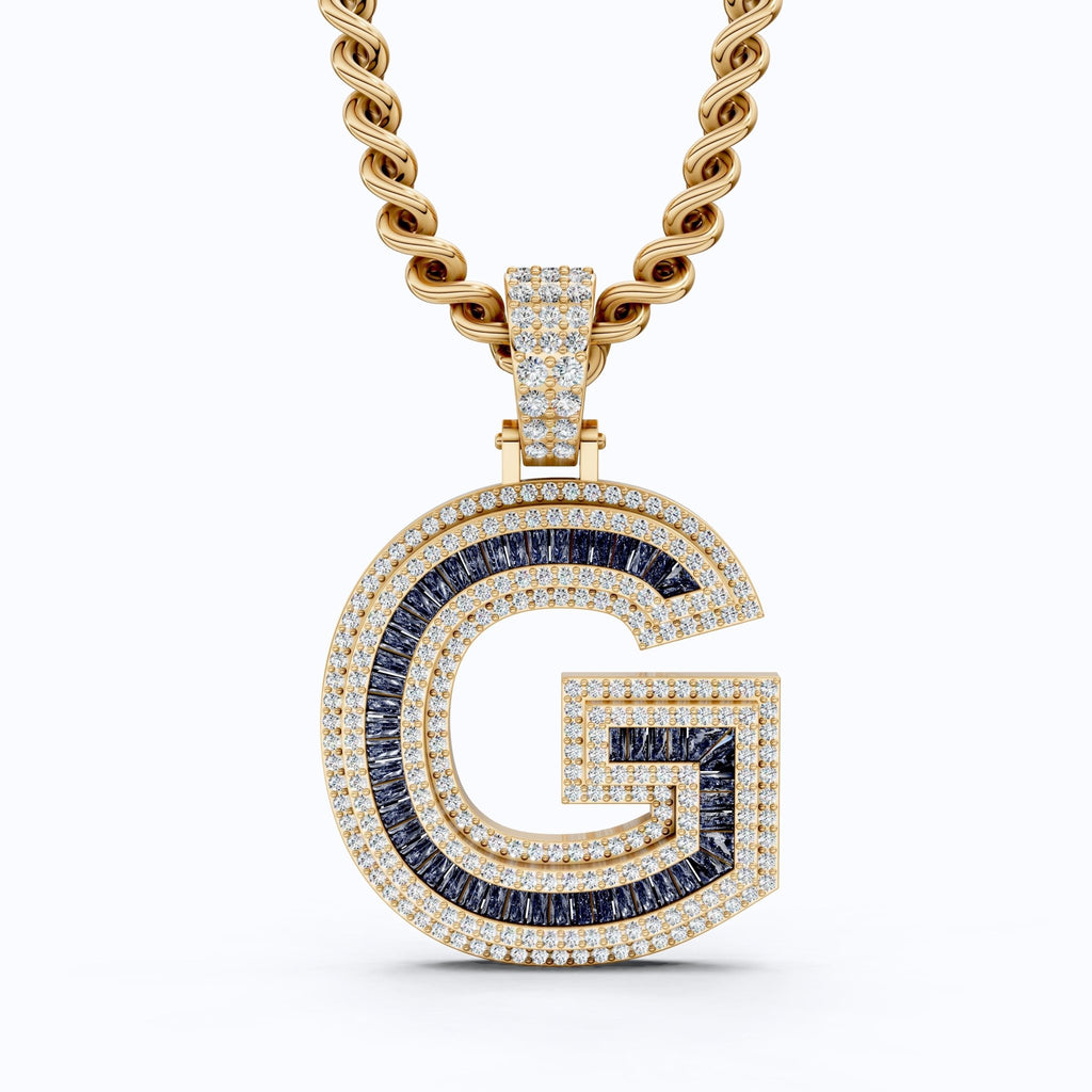 14K Rose Gold Alphabet Initial G Baguette Sapphire Pavé Hip - Hop Pendant in Lab Diamond or Sapphire Gemstone, Birthday Gift for Him, Handmade Jewelry - Shoora Designs