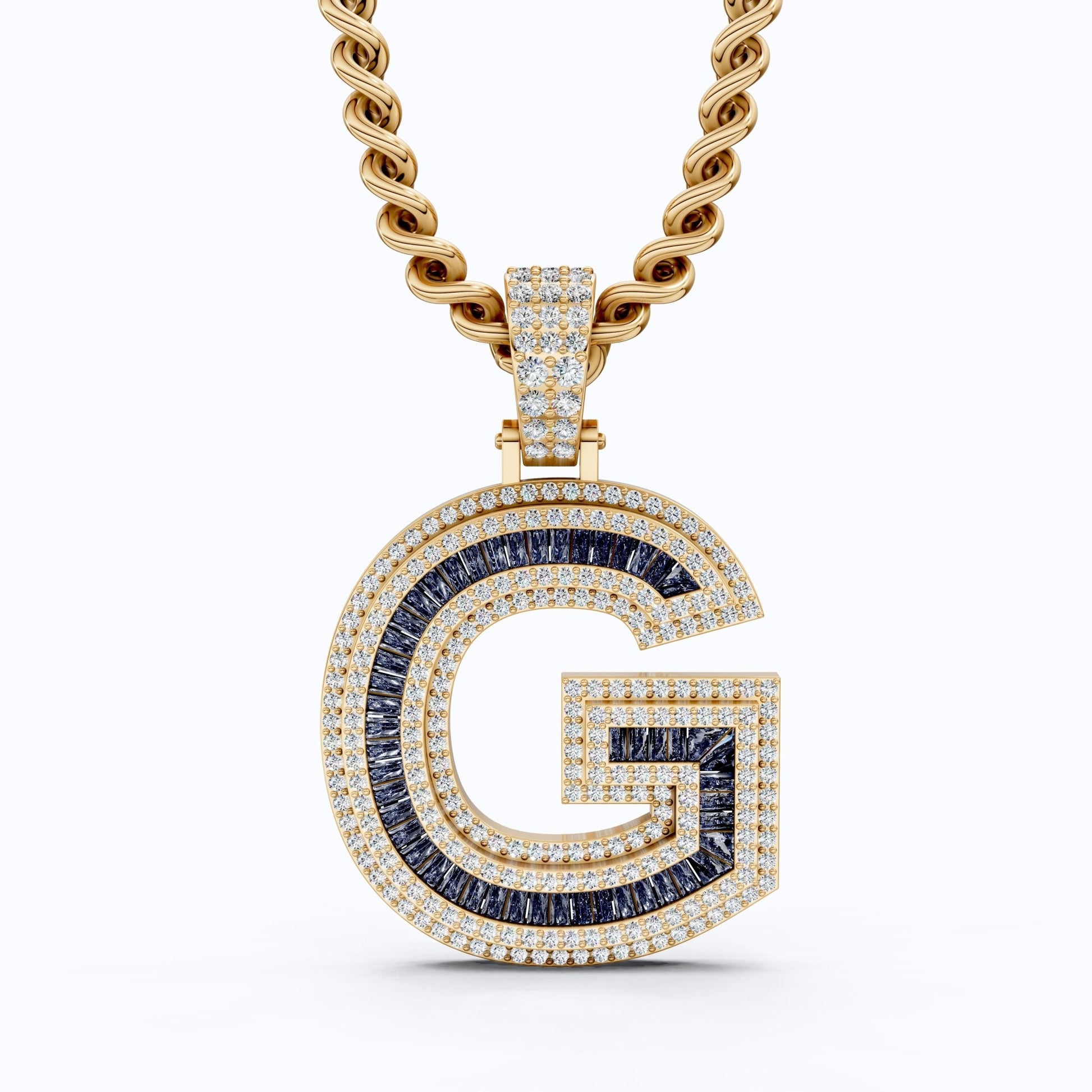 14K Rose Gold Alphabet Initial G Baguette Sapphire Pavé Hip - Hop Pendant in Lab Diamond or Sapphire Gemstone, Birthday Gift for Him, Handmade Jewelry - Shoora Designs