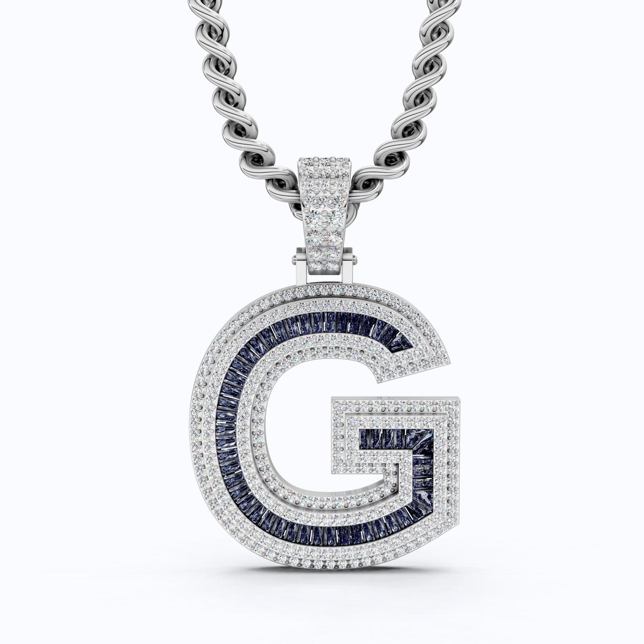 14K Rose Gold Alphabet Initial G Baguette Sapphire Pavé Hip - Hop Pendant in Lab Diamond or Sapphire Gemstone, Birthday Gift for Him, Handmade Jewelry - Shoora Designs