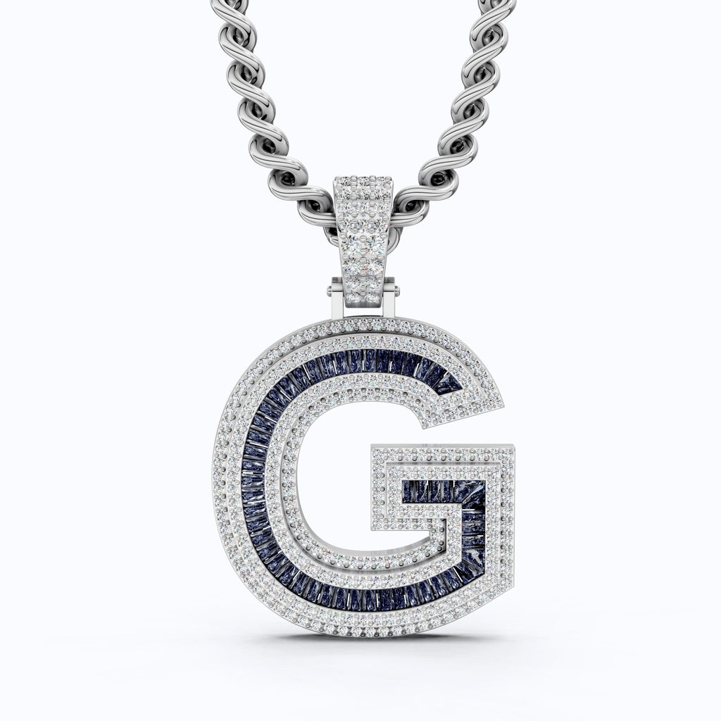 14K Rose Gold Alphabet Initial G Baguette Sapphire Pavé Hip - Hop Pendant in Lab Diamond or Sapphire Gemstone, Birthday Gift for Him, Handmade Jewelry - Shoora Designs