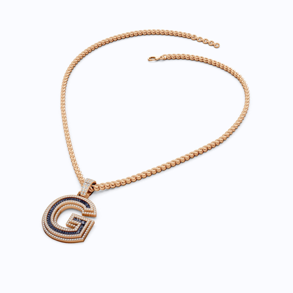 14K Rose Gold Alphabet Initial G Baguette Sapphire Pavé Hip - Hop Pendant in Lab Diamond or Sapphire Gemstone, Birthday Gift for Him, Handmade Jewelry - Shoora Designs