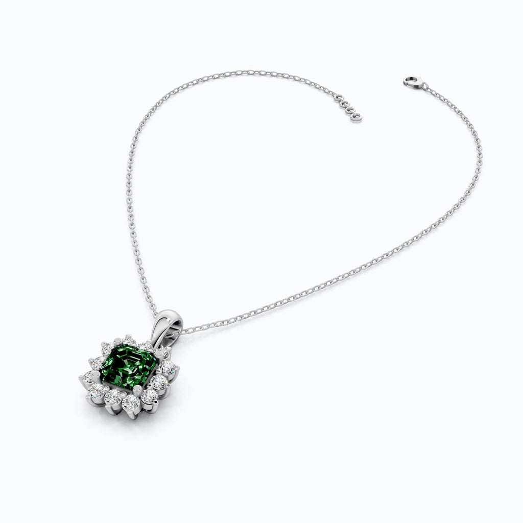 14K Rose Gold Green Gemstone Pendant with Diamond Halo, Asscher Cut Gemstone, Wedding Jewelry, Gift for Wife - Shoora Designs
