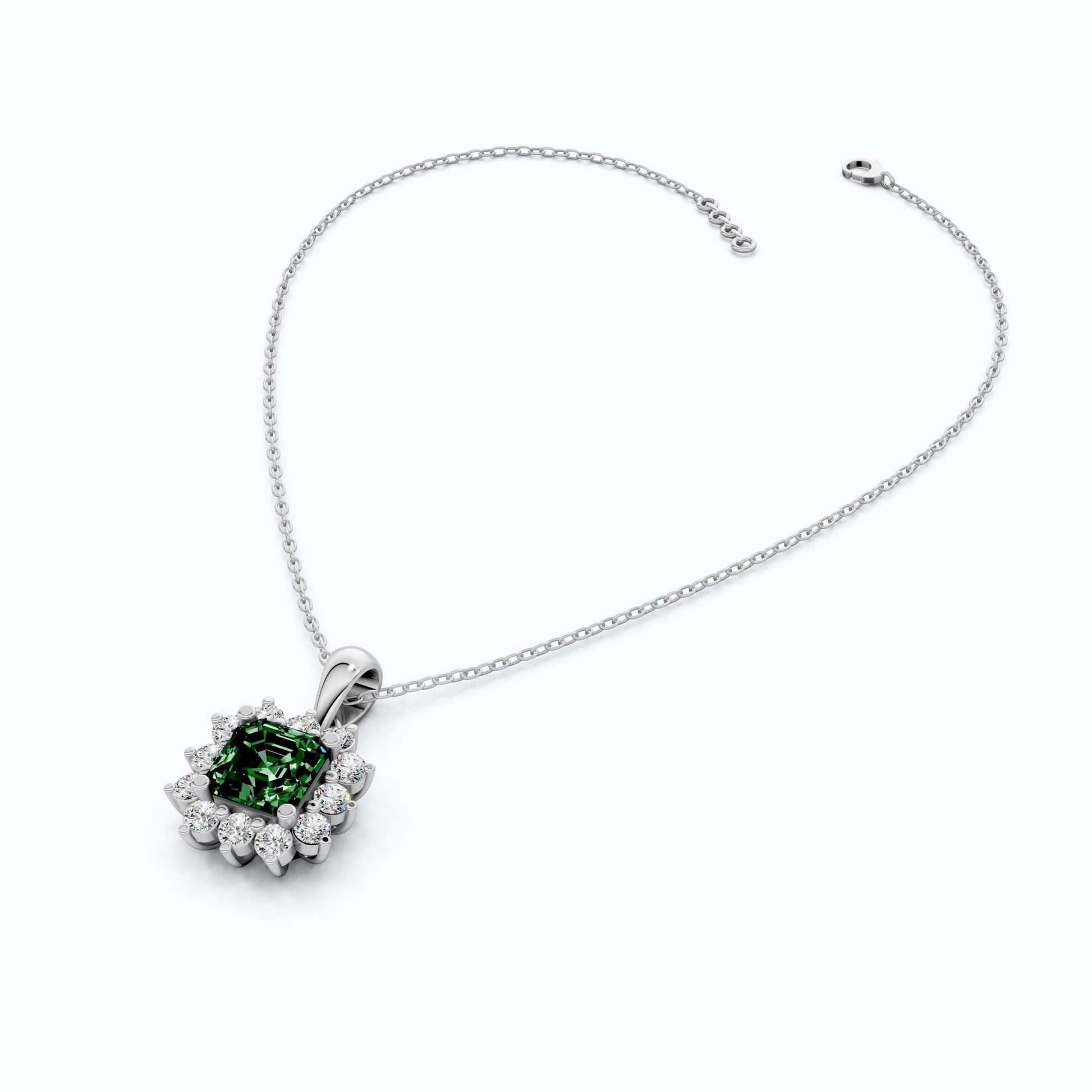 14K Rose Gold Green Gemstone Pendant with Diamond Halo, Asscher Cut Gemstone, Wedding Jewelry, Gift for Wife - Shoora Designs