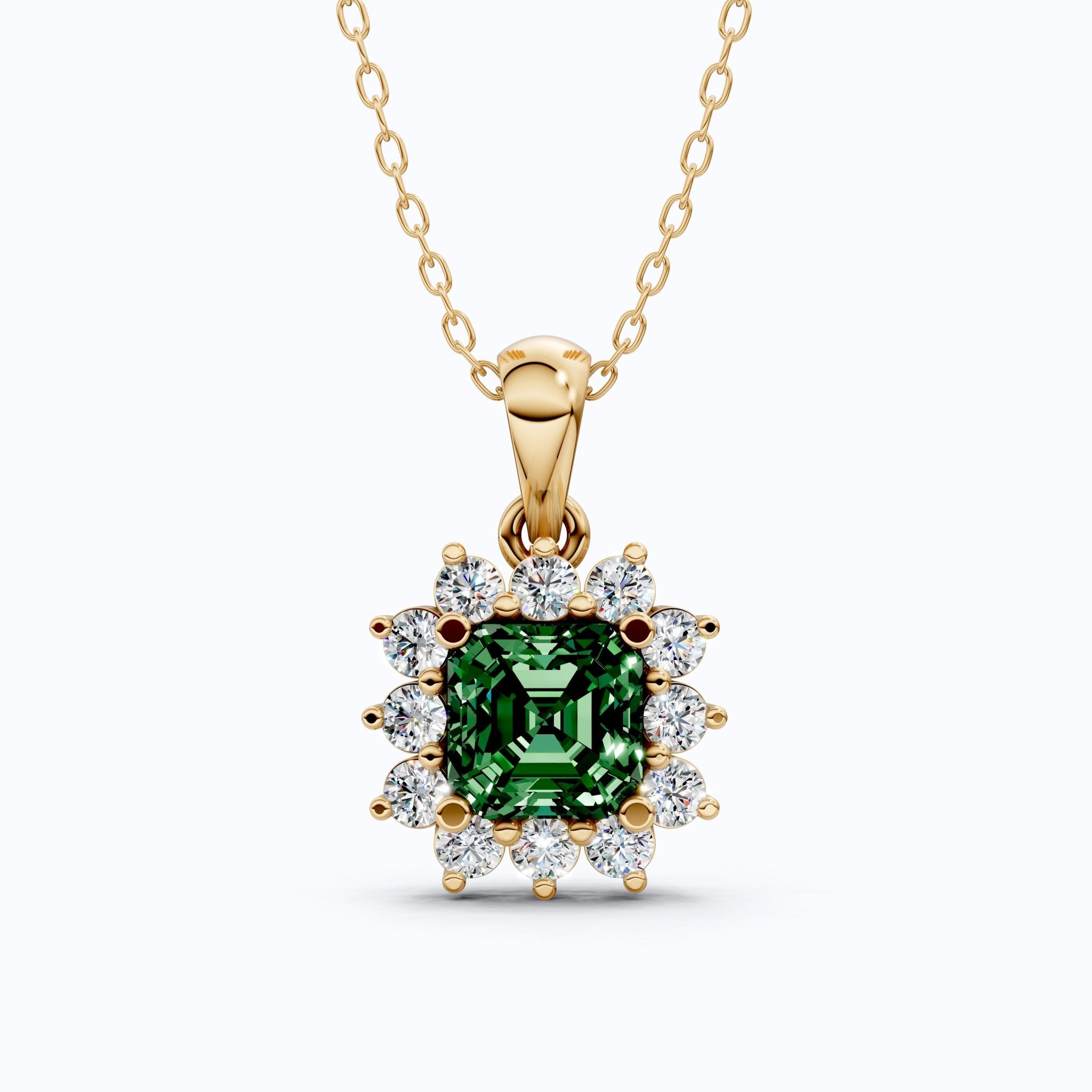 14K Rose Gold Green Gemstone Pendant with Diamond Halo, Asscher Cut Gemstone, Wedding Jewelry, Gift for Wife - Shoora Designs