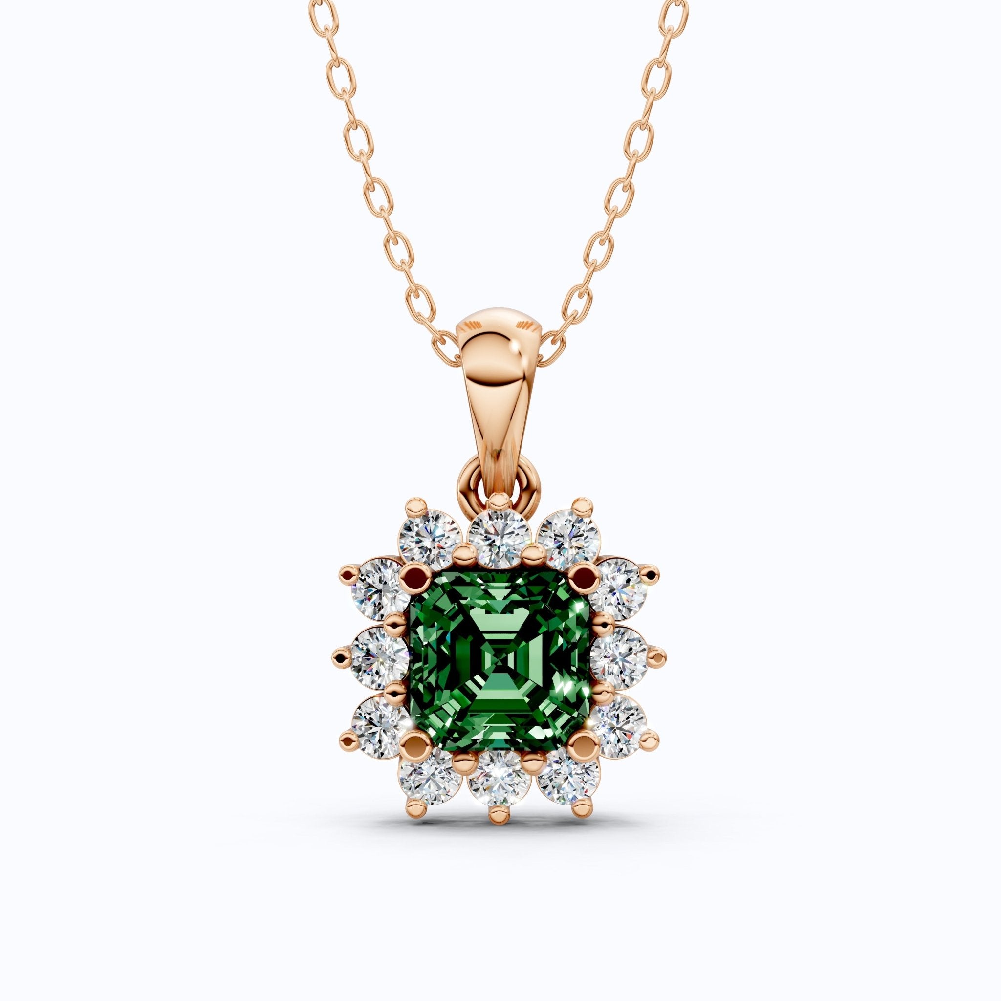 14K Rose Gold Green Gemstone Pendant with Diamond Halo, Asscher Cut Gemstone, Wedding Jewelry, Gift for Wife - Shoora Designs