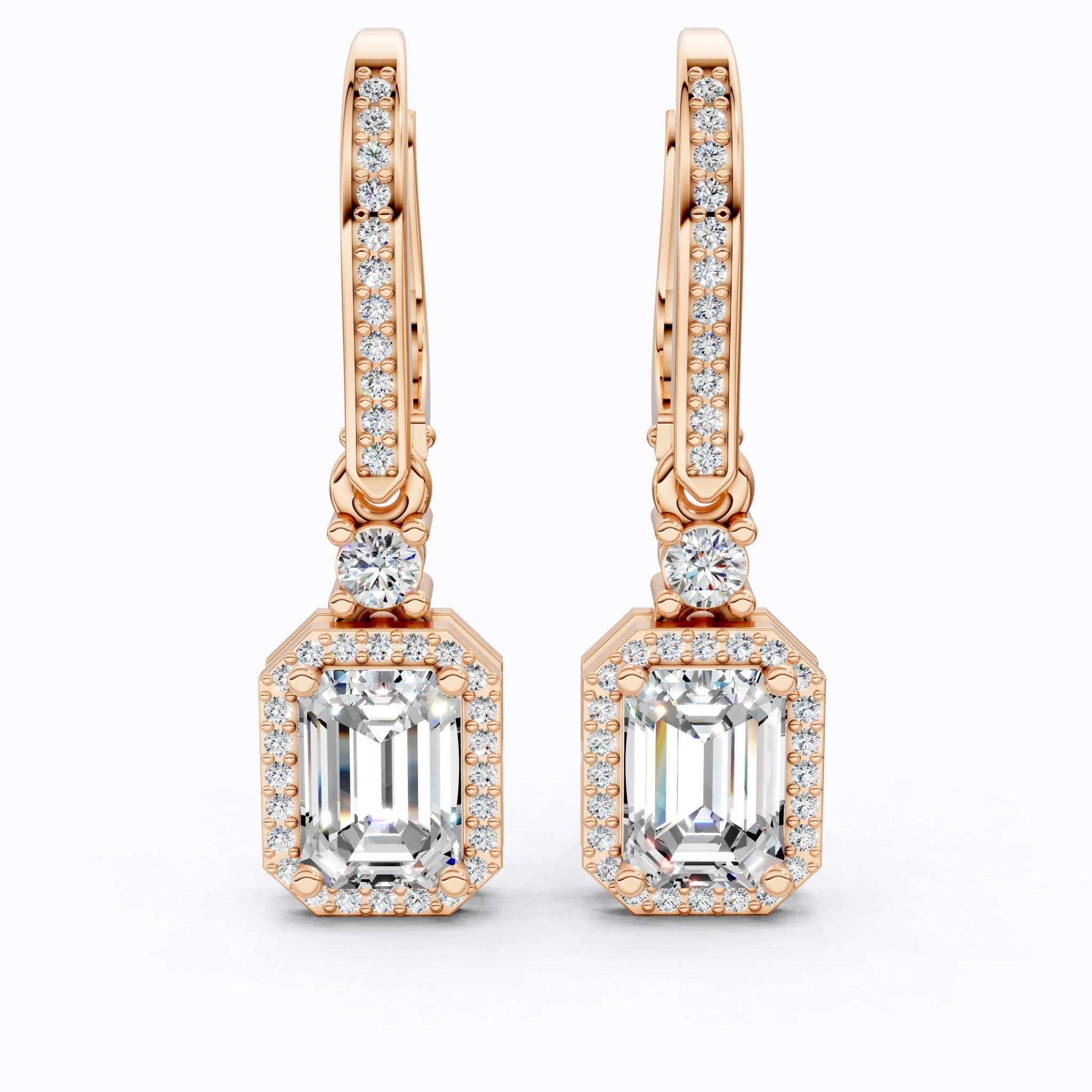 14k Solid Gold Vintage Style Emerald - Cut Halo - Set Lab Grown Diamond Wedding Earrings, Bridal Jewelry, Perfect Gift for Her, Latch Back Closure - Shoora Designs