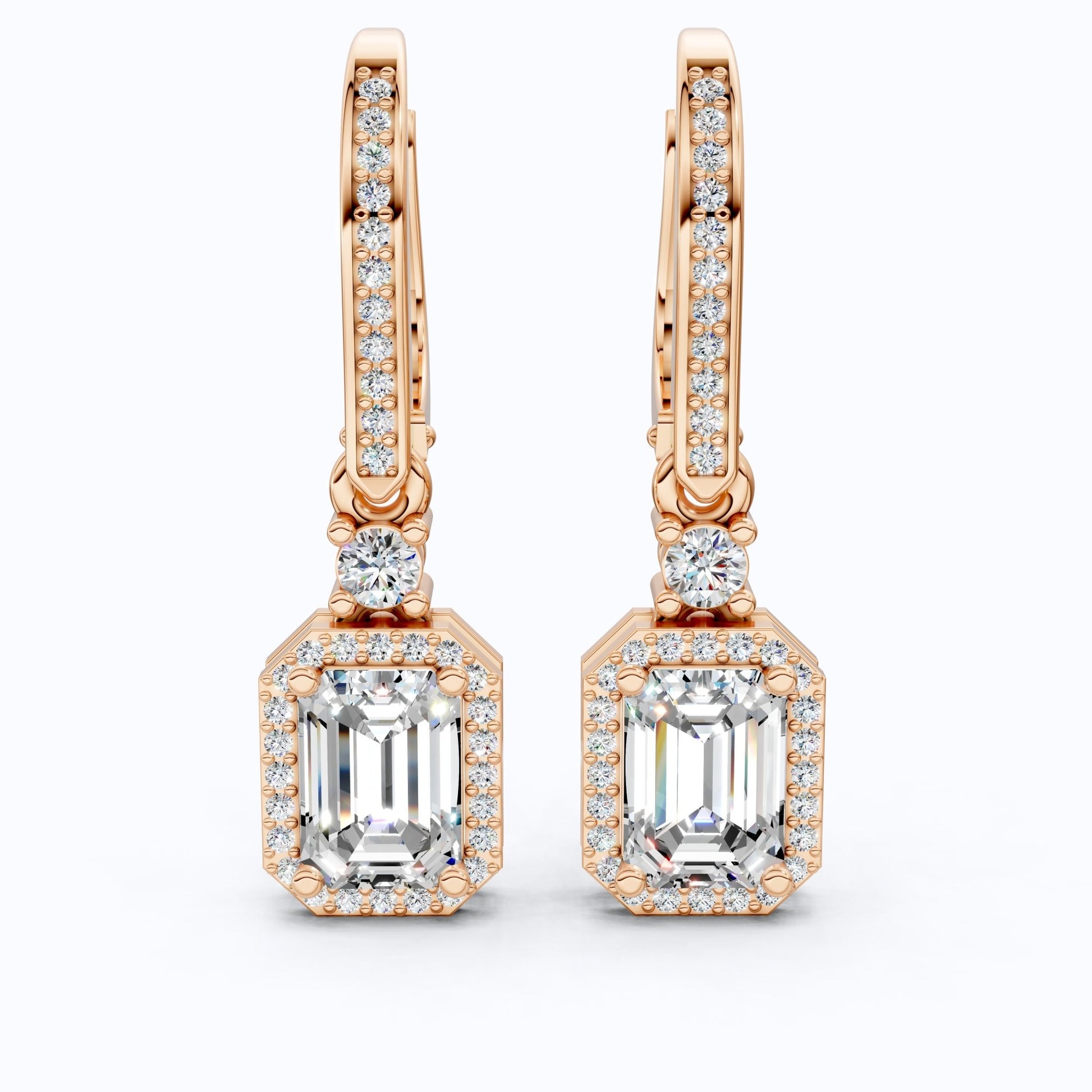 14k Solid Gold Vintage Style Emerald - Cut Halo - Set Lab Grown Diamond Wedding Earrings, Bridal Jewelry, Perfect Gift for Her, Latch Back Closure - Shoora Designs