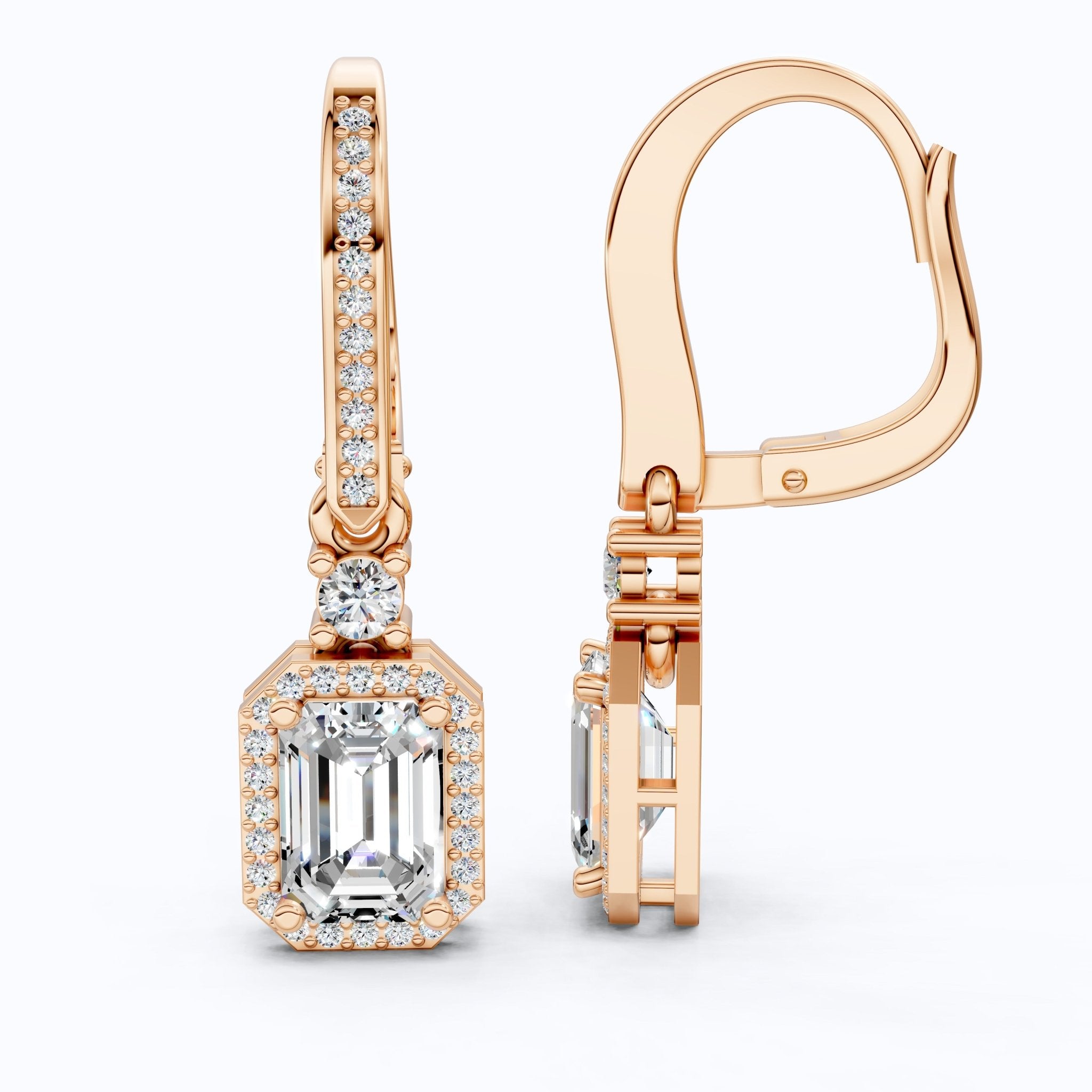 14k Solid Gold Vintage Style Emerald - Cut Halo - Set Lab Grown Diamond Wedding Earrings, Bridal Jewelry, Perfect Gift for Her, Latch Back Closure - Shoora Designs