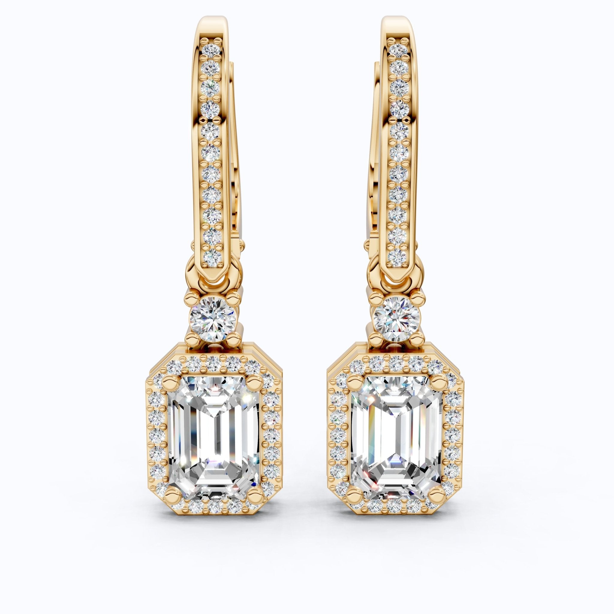 14k Solid Gold Vintage Style Emerald - Cut Halo - Set Lab Grown Diamond Wedding Earrings, Bridal Jewelry, Perfect Gift for Her, Latch Back Closure - Shoora Designs