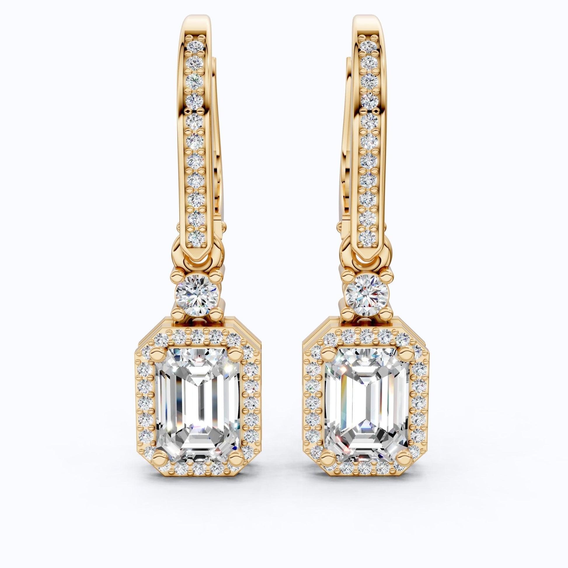 14k Solid Gold Vintage Style Emerald - Cut Halo - Set Lab Grown Diamond Wedding Earrings, Bridal Jewelry, Perfect Gift for Her, Latch Back Closure - Shoora Designs