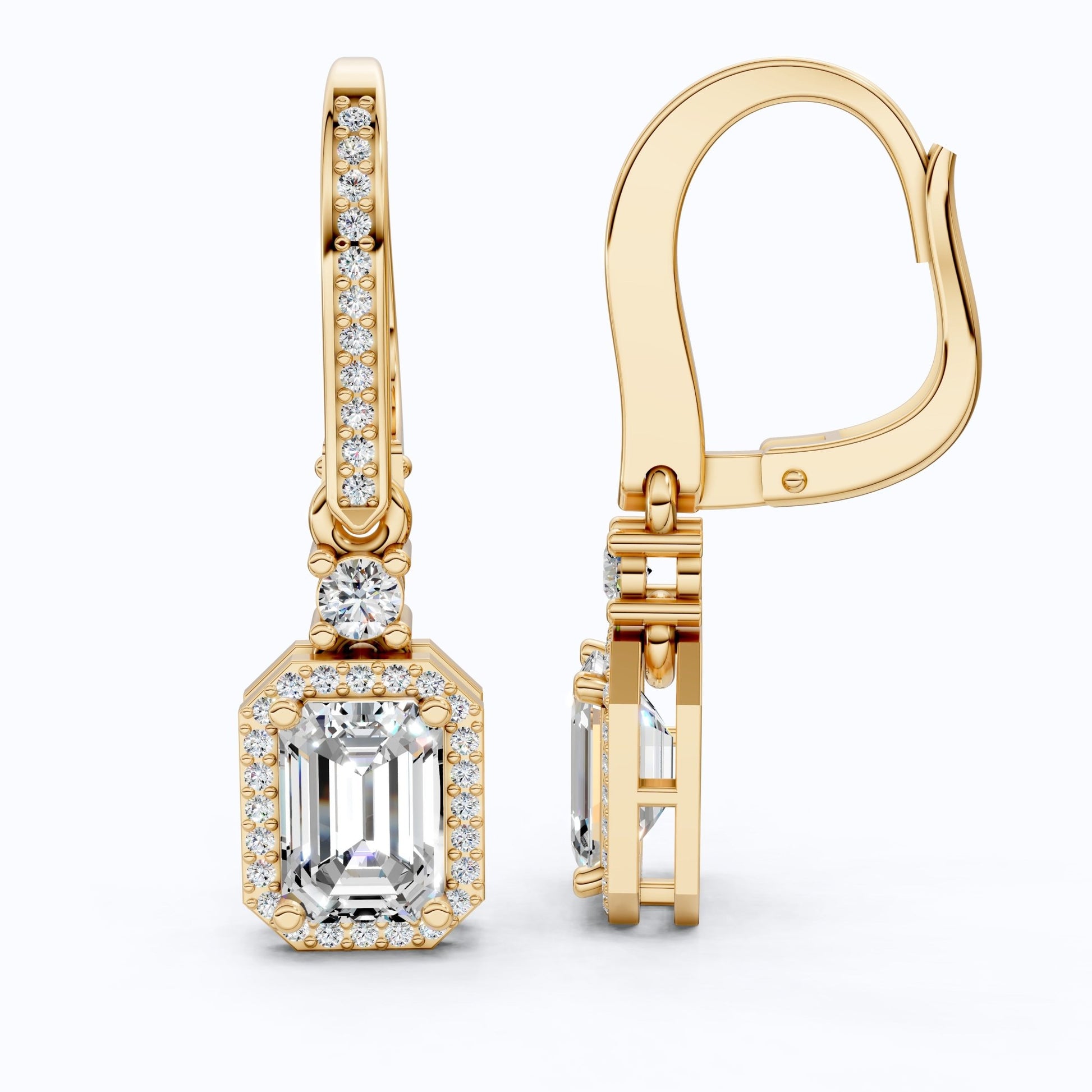 14k Solid Gold Vintage Style Emerald - Cut Halo - Set Lab Grown Diamond Wedding Earrings, Bridal Jewelry, Perfect Gift for Her, Latch Back Closure - Shoora Designs