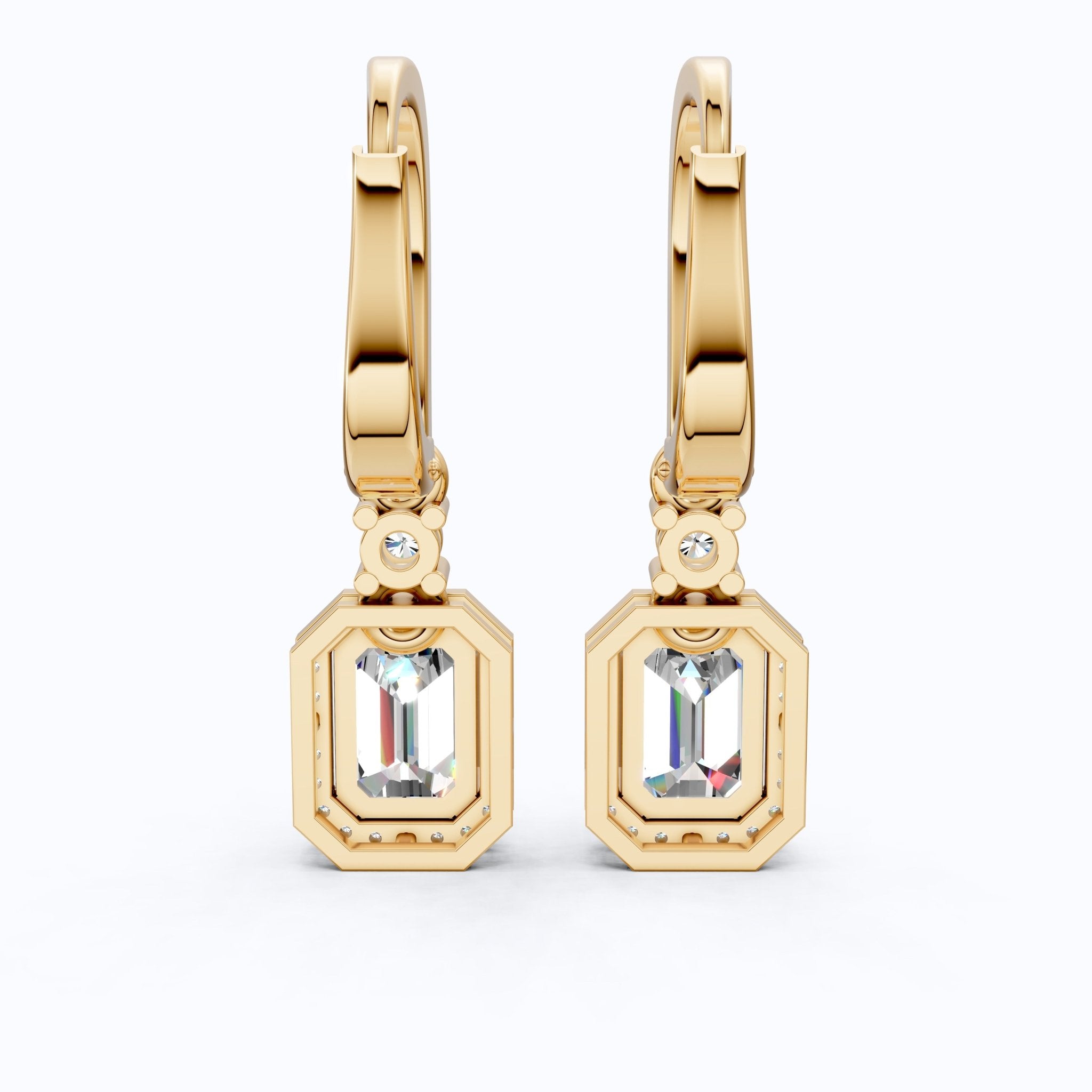 14k Solid Gold Vintage Style Emerald - Cut Halo - Set Lab Grown Diamond Wedding Earrings, Bridal Jewelry, Perfect Gift for Her, Latch Back Closure - Shoora Designs