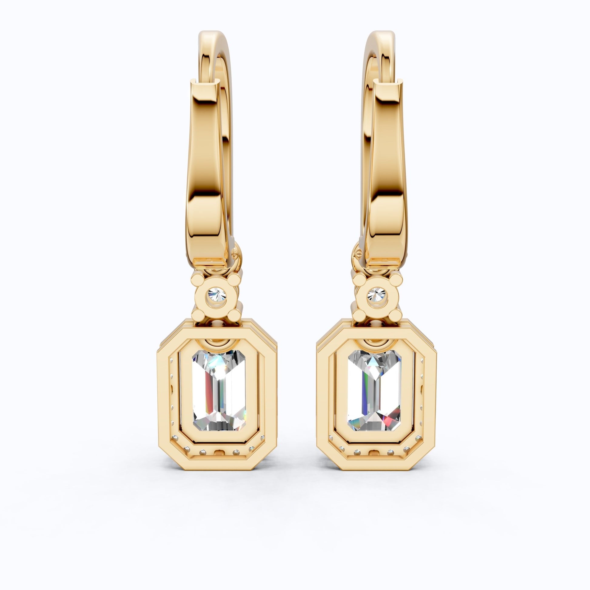 14k Solid Gold Vintage Style Emerald - Cut Halo - Set Lab Grown Diamond Wedding Earrings, Bridal Jewelry, Perfect Gift for Her, Latch Back Closure - Shoora Designs