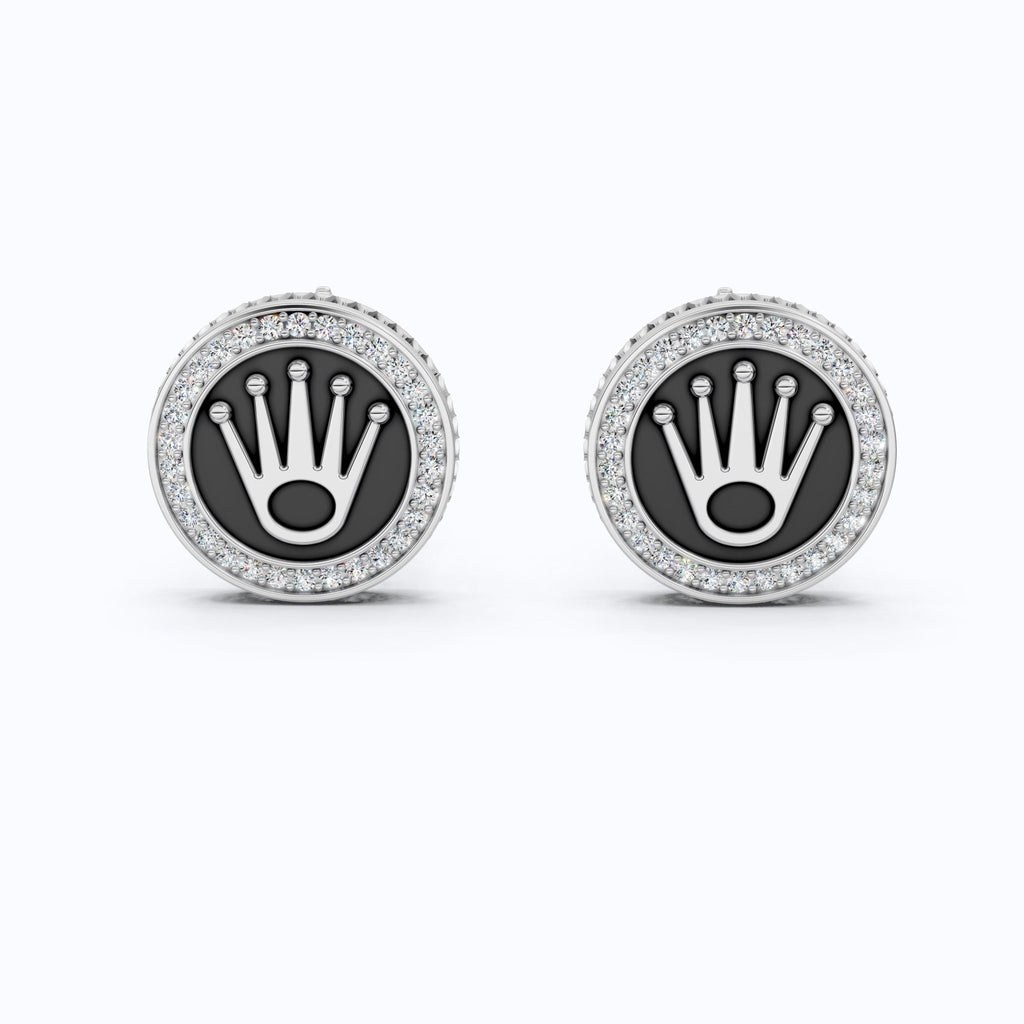 14K White Gold Enamel Cufflinks – Crown Logo, 0.48 TCW Lab Diamond Halo Cufflinks, Handmade Groom Gift, Luxury Men’s Jewelry - Shoora Designs