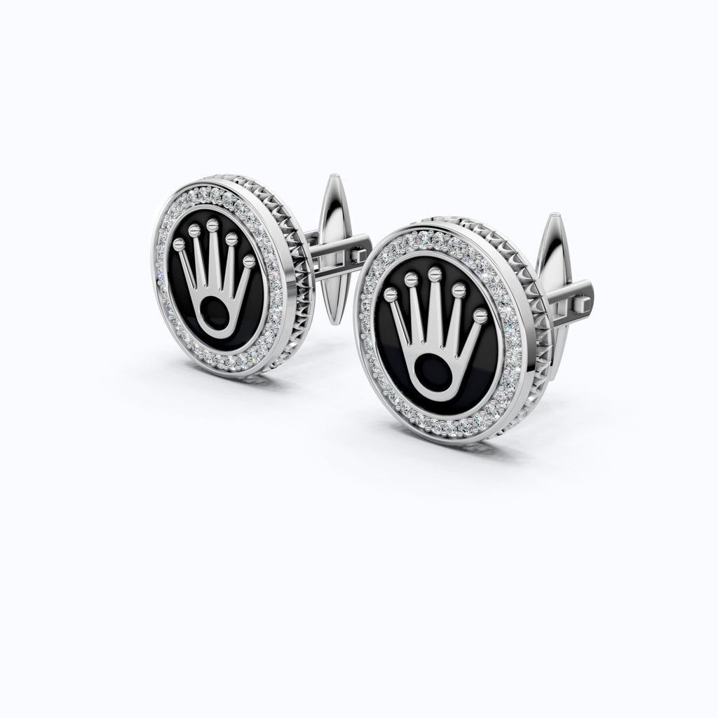 14K White Gold Enamel Cufflinks – Crown Logo, 0.48 TCW Lab Diamond Halo Cufflinks, Handmade Groom Gift, Luxury Men’s Jewelry - Shoora Designs