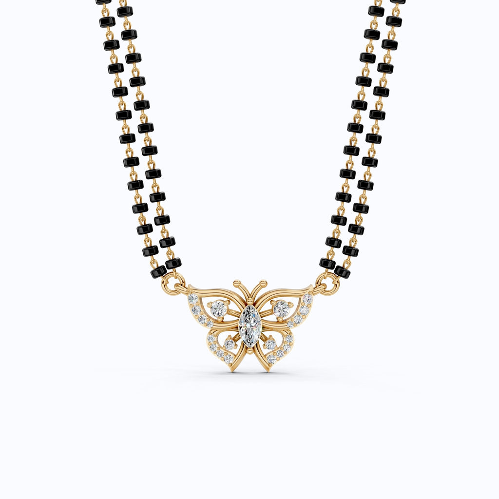14K Yellow Gold Butterfly Long Mangal Sutra, 0.46 TCW Lab Diamonds Long Mangalsutra Necklace, Gift for Wife, Handmade Jewelry - Shoora Designs
