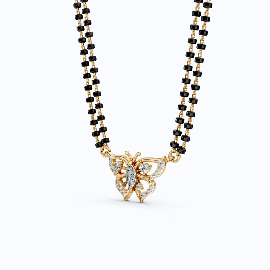 14K Yellow Gold Butterfly Long Mangal Sutra, 0.46 TCW Lab Diamonds Long Mangalsutra Necklace, Gift for Wife, Handmade Jewelry - Shoora Designs