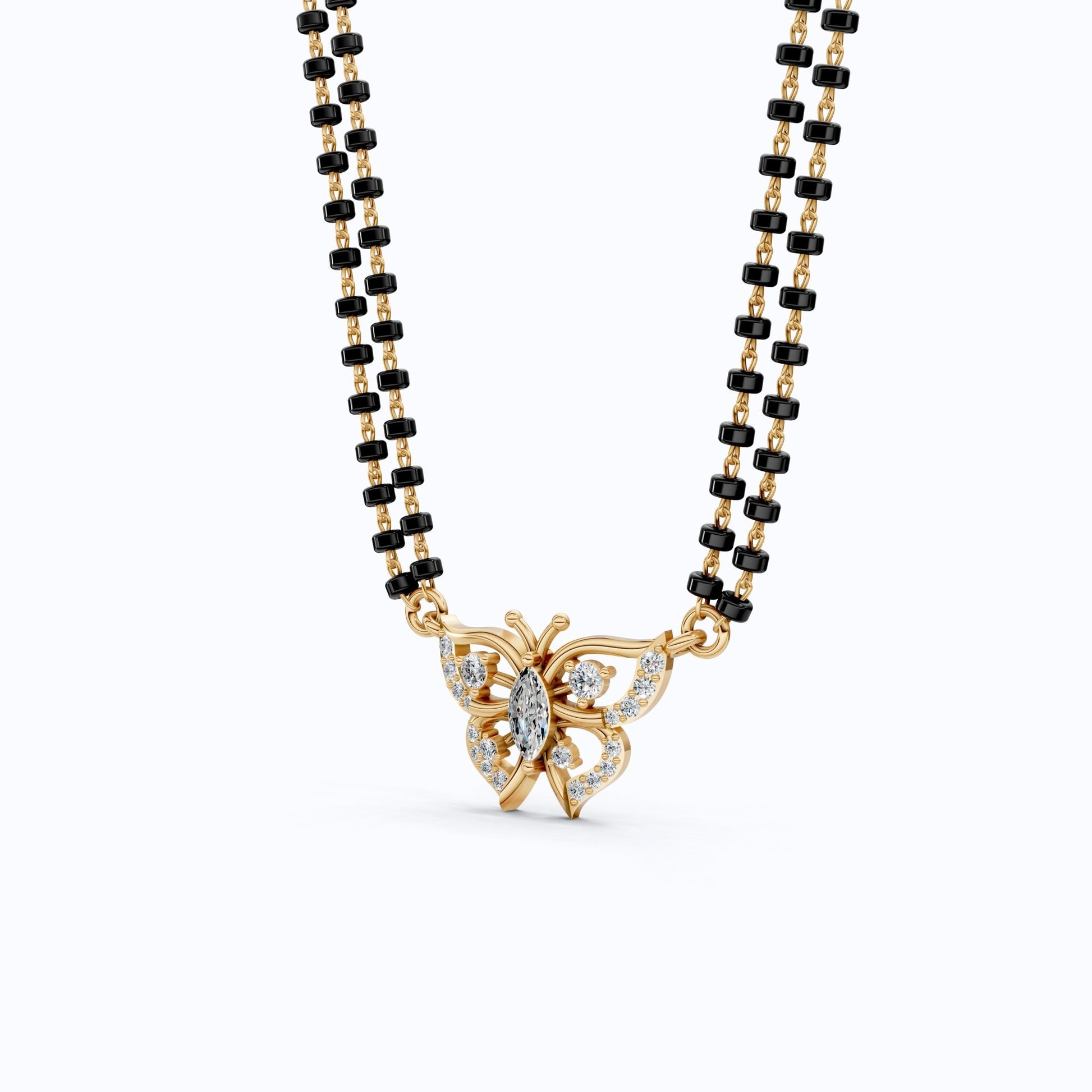 14K Yellow Gold Butterfly Long Mangal Sutra, 0.46 TCW Lab Diamonds Long Mangalsutra Necklace, Gift for Wife, Handmade Jewelry - Shoora Designs