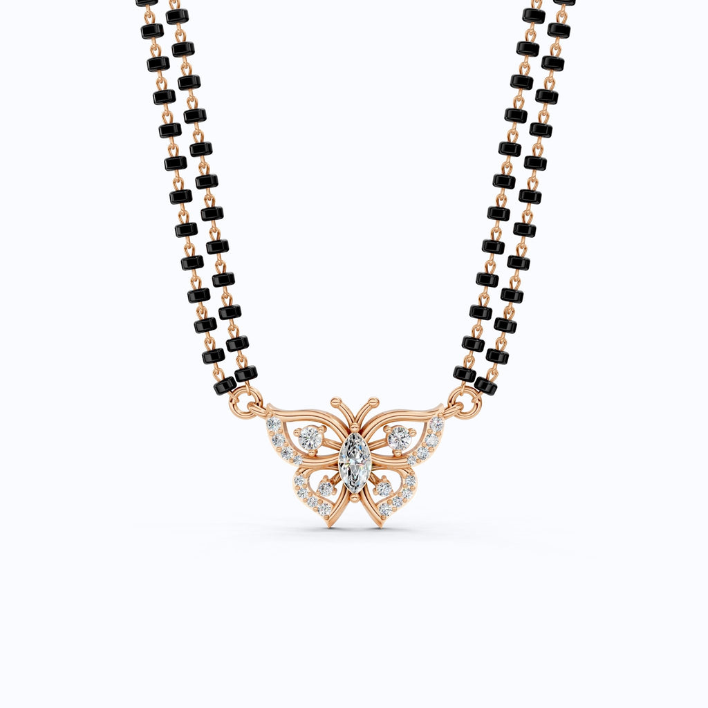 14K Yellow Gold Butterfly Long Mangal Sutra, 0.46 TCW Lab Diamonds Long Mangalsutra Necklace, Gift for Wife, Handmade Jewelry - Shoora Designs