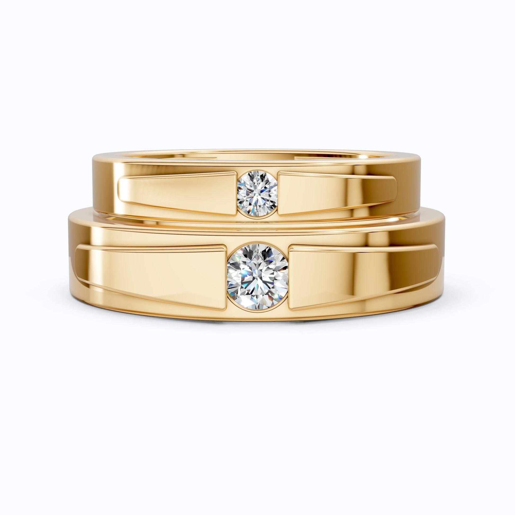 14K Yellow Gold Couple Band Set with Lab Grown Diamonds – Modern Bezel Wedding Ring Gift for Him and Her, Handmade Jewelry - Shoora Designs