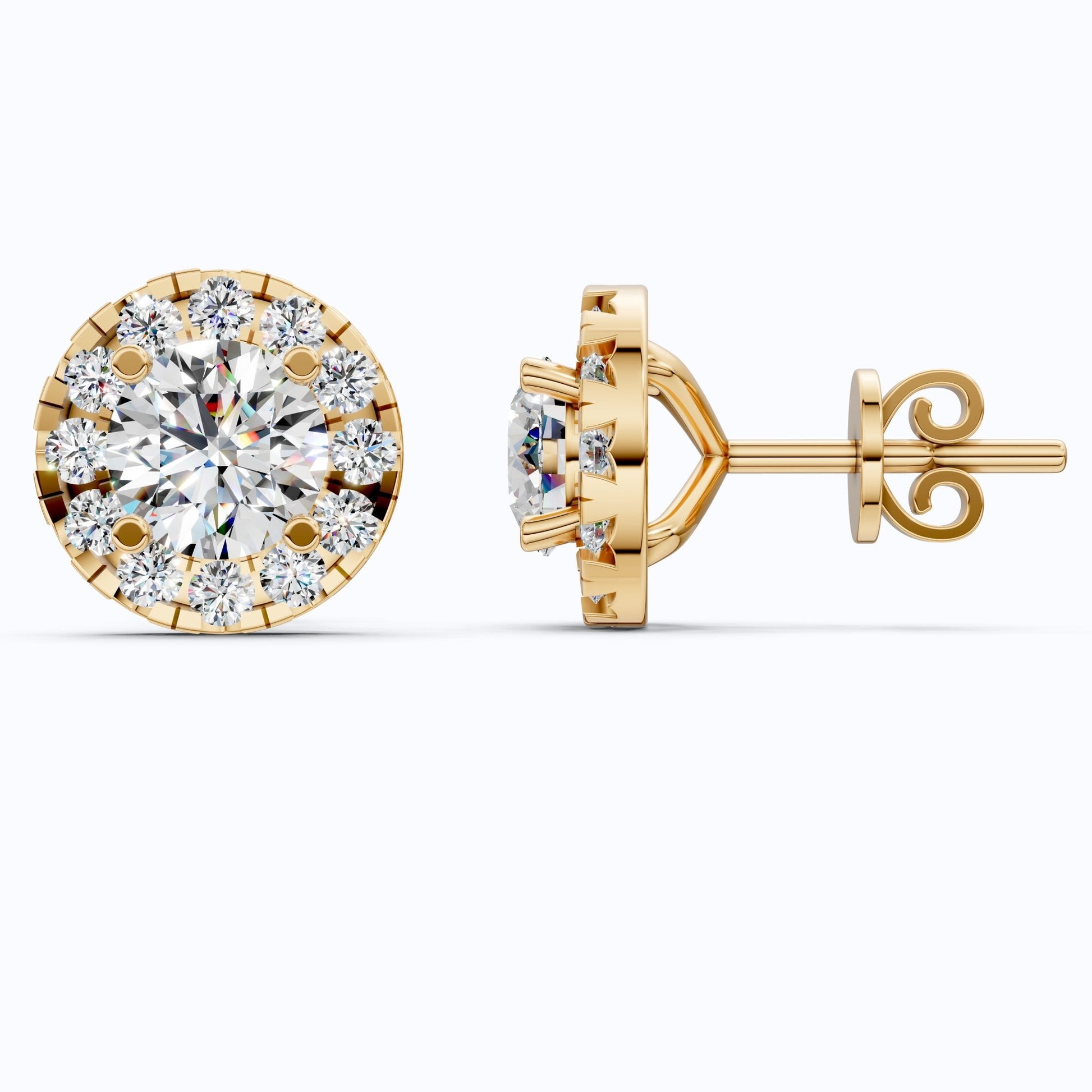 14K Yellow Gold Modern Halo Wedding Earrings, 1.32 TCW Round Cut Lab Created Diamonds, Handmade Jewelry, Wedding Gift for Bride - Shoora Designs