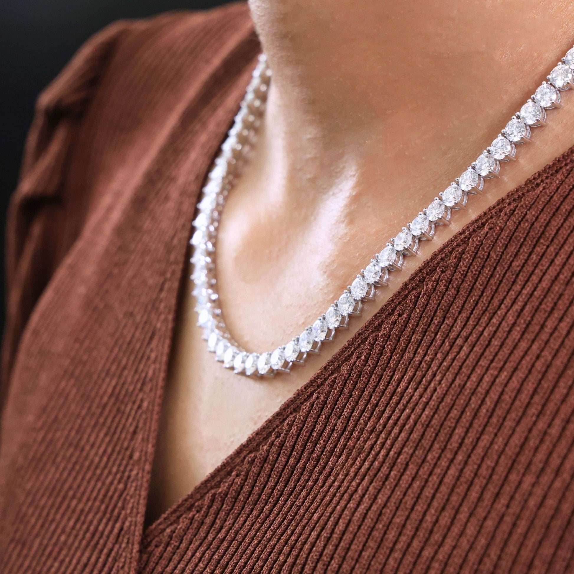 16.50 Inch Elegant Fine Tennis Necklace in 14K Solid Gold, 29.10 TCW Round Cut Lab Grown Diamonds, Anniversary Gift for Wife, Fine Jewelry - Shoora Designs