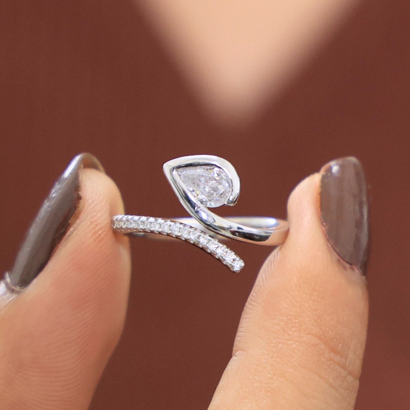 Modern Open Wrap Pear Solitaire Engagement Ring in Lab Diamond – 14k Solid Gold, Wedding Gift for Her, Handmade Bridal Jewelry