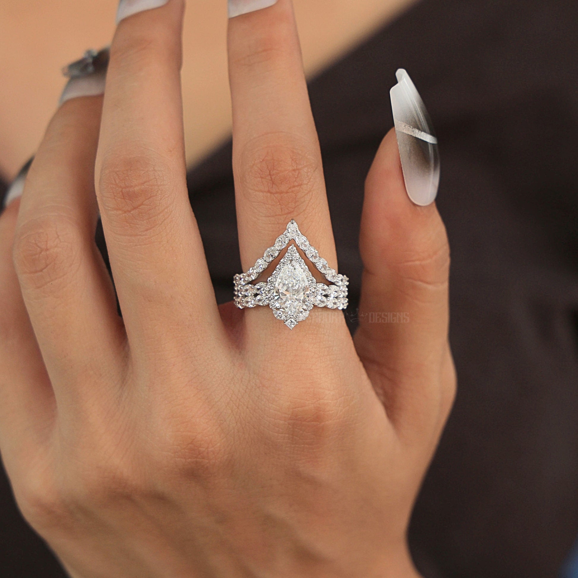 Elegant Pear Halo Chevron Ring Set in 14K White Gold with Lab Diamond, Wedding Bridal Set For Women, Handmade Jewelry
