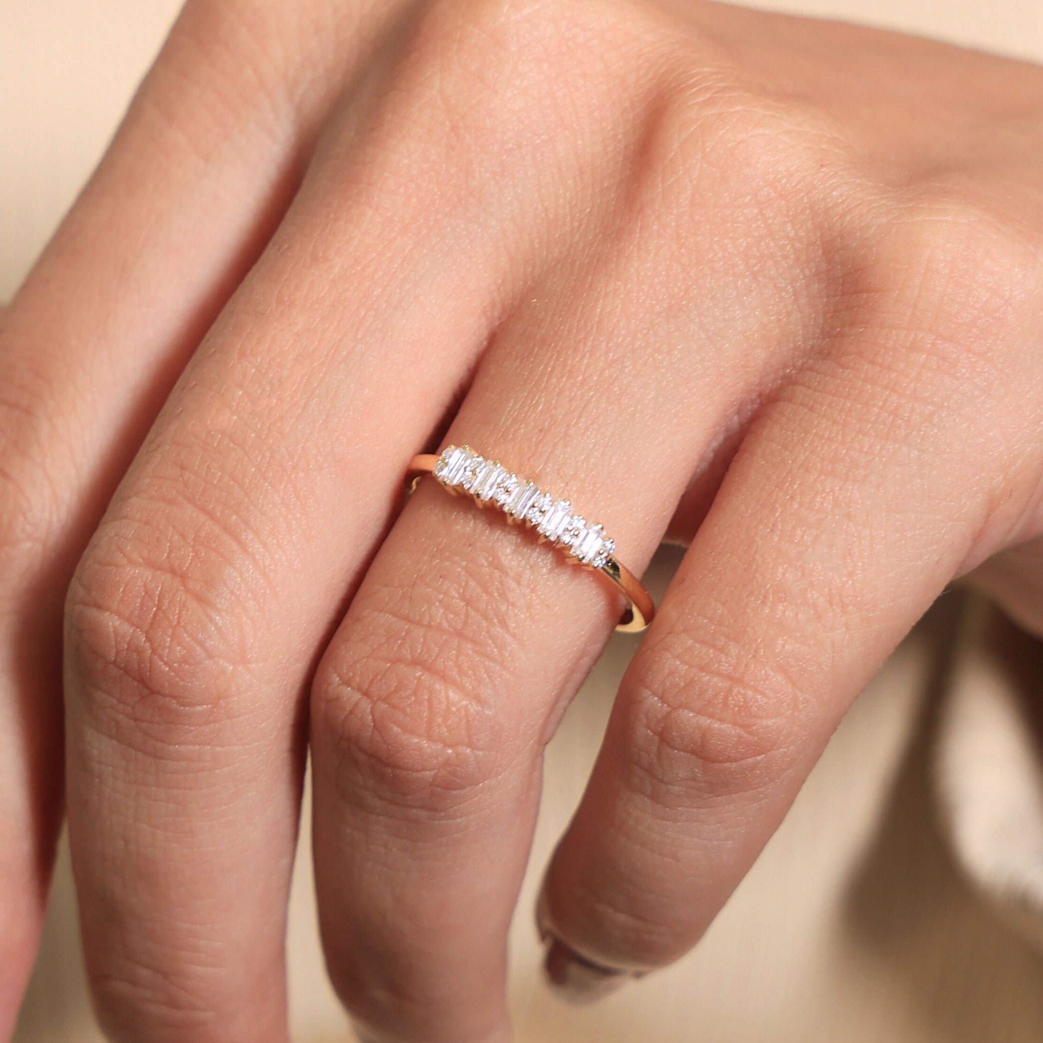 Baguette Bar Set Casual Engagement Ring in 14K Solid Gold, 0.28 TCW Round/Baguette Cut Lab Diamonds, Promise Gift For Her