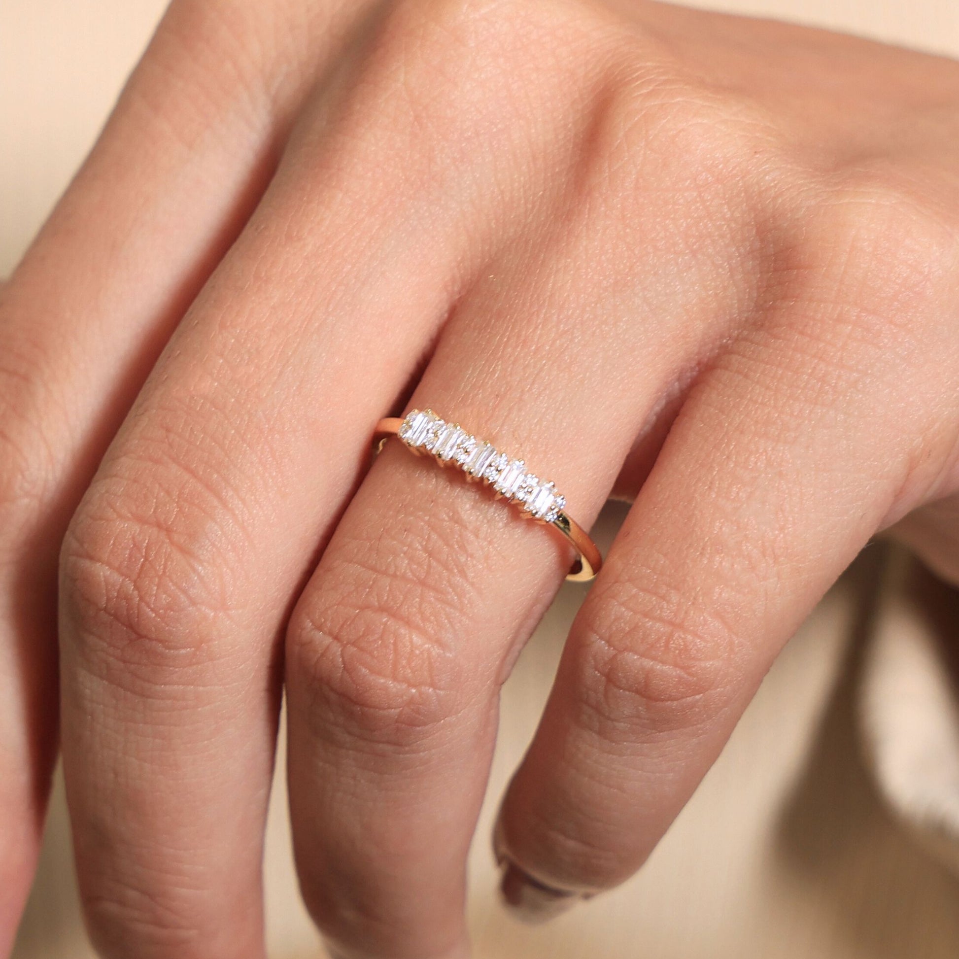 Baguette Bar Set Casual Engagement Ring in 14K Solid Gold, 0.28 TCW Round/Baguette Cut Lab Diamonds, Promise Gift For Her