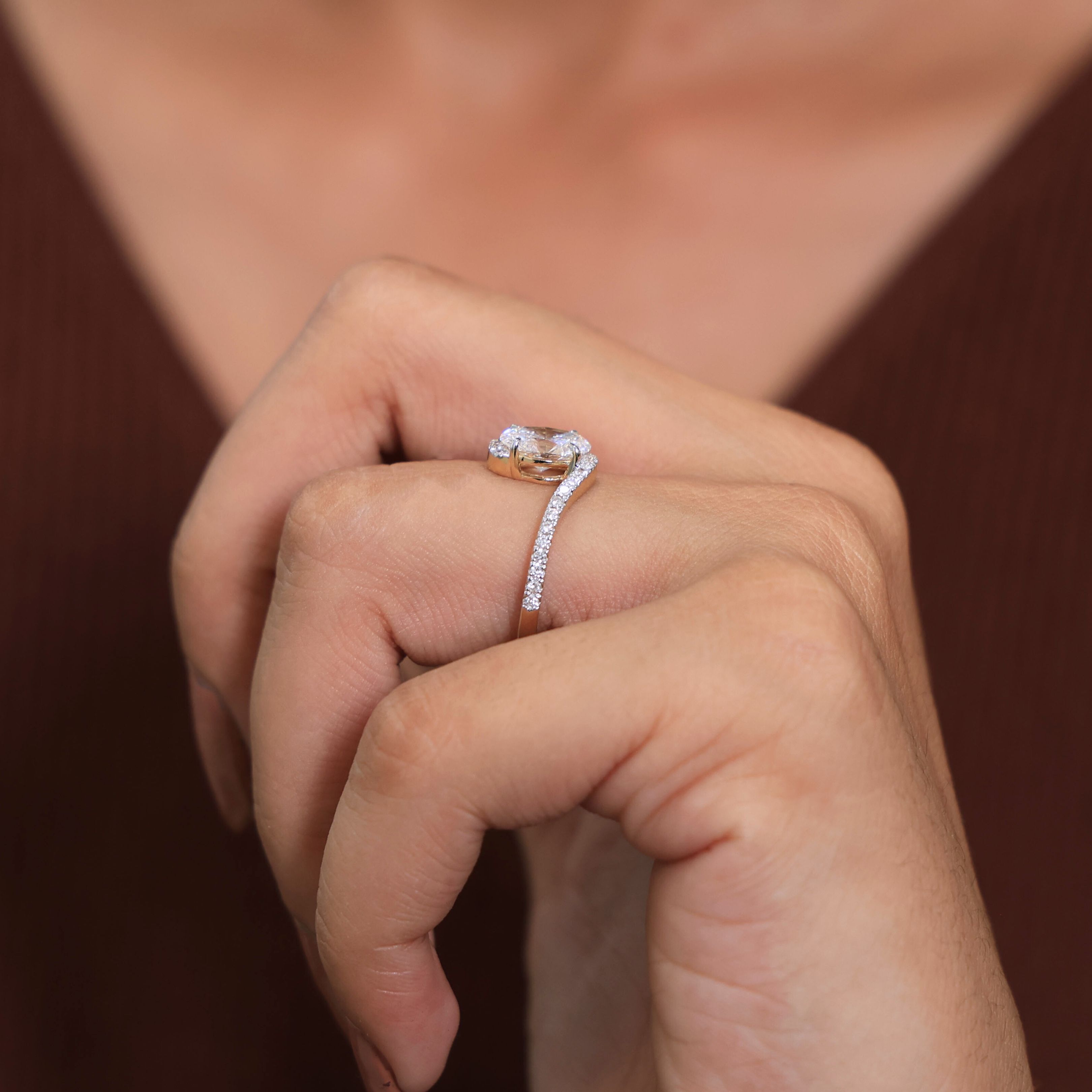 1.00 CT Oval Cut Bypass Solitaire Pave Engagement Ring in Lab Diamond - 14K Solid Gold, Birthday Gift For Her, Everyday Unique Jewelry